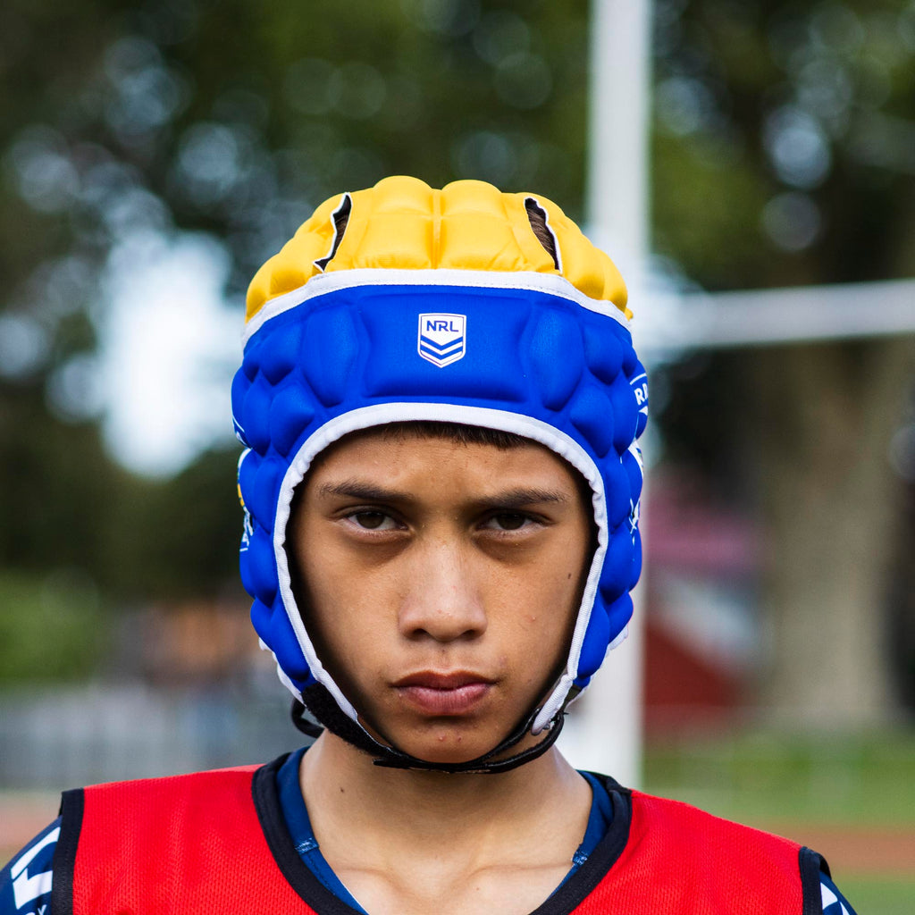 Official NRL Headgear, Parramatta Eels, lifestyle image, front.