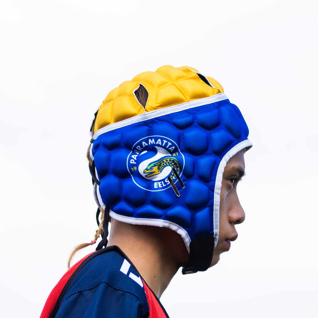 Official NRL Headgear, Parramatta Eels, lifestyle image, side.