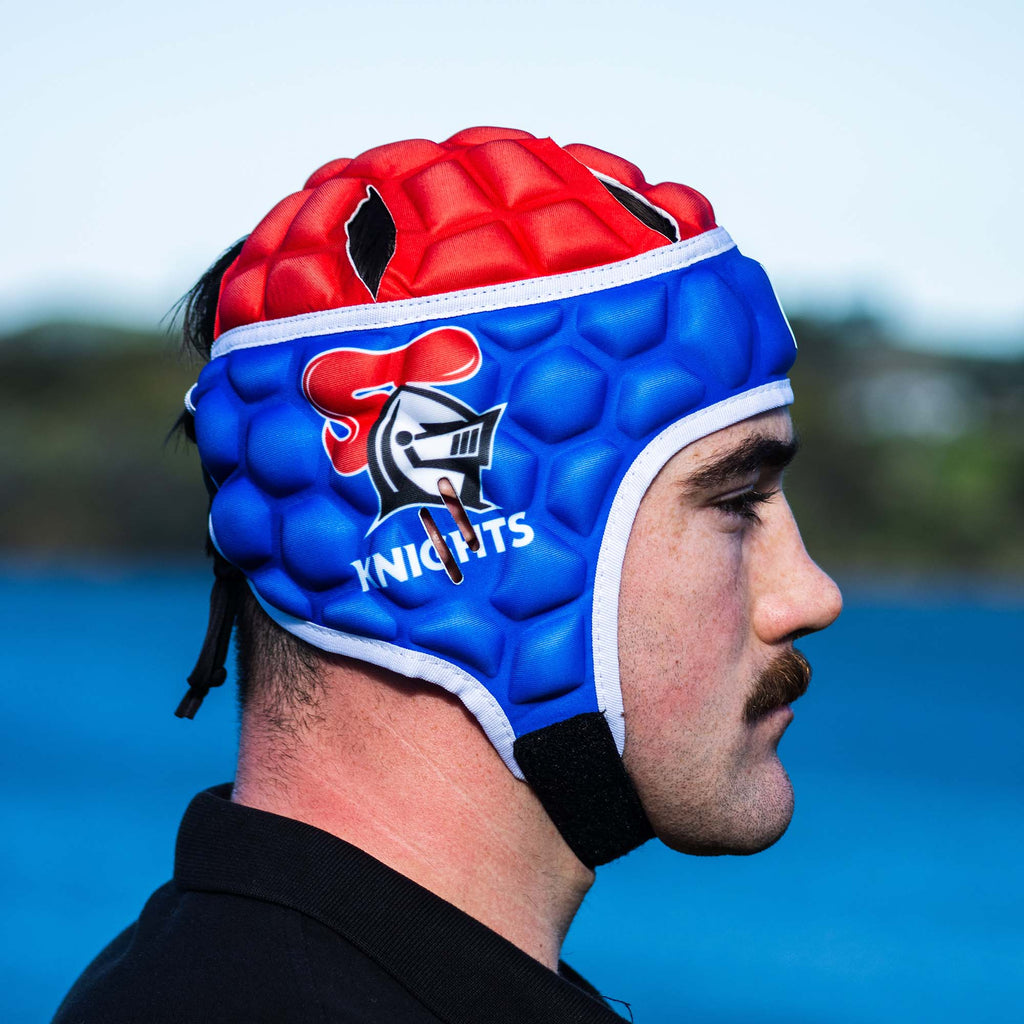 Official NRL Headgear, Newcastle Knights, lifestyle image, side.