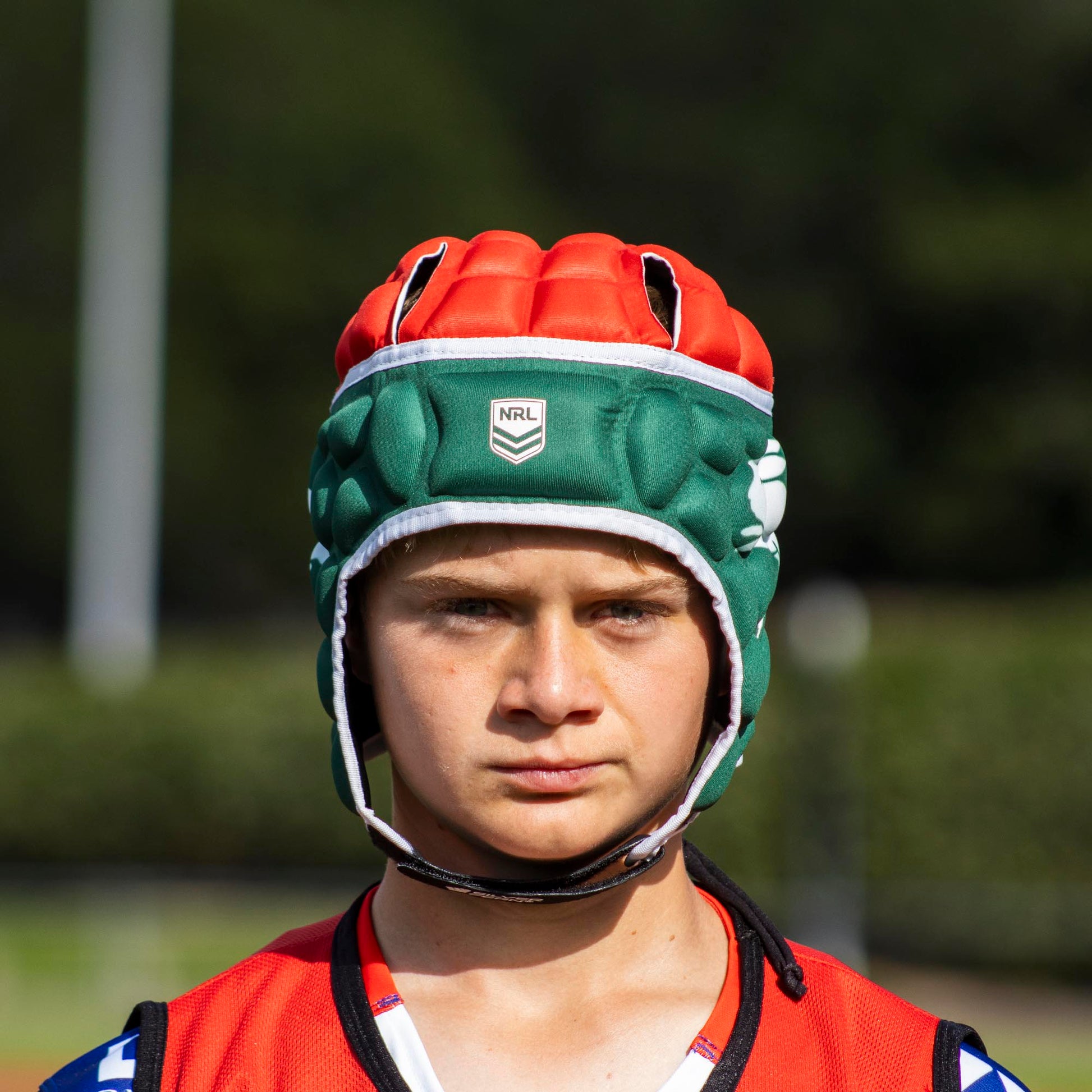 Official NRL Headgear, South Sydney Rabbitohs, lifestyle image, front.
