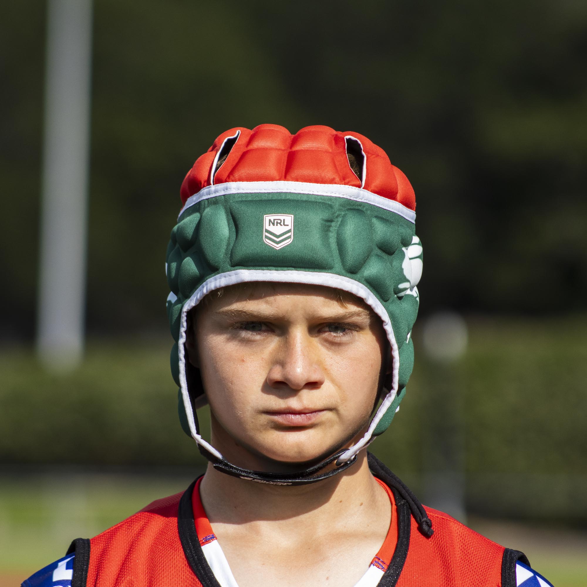 Official NRL Headgear, South Sydney Rabbitohs, lifestyle image, front.
