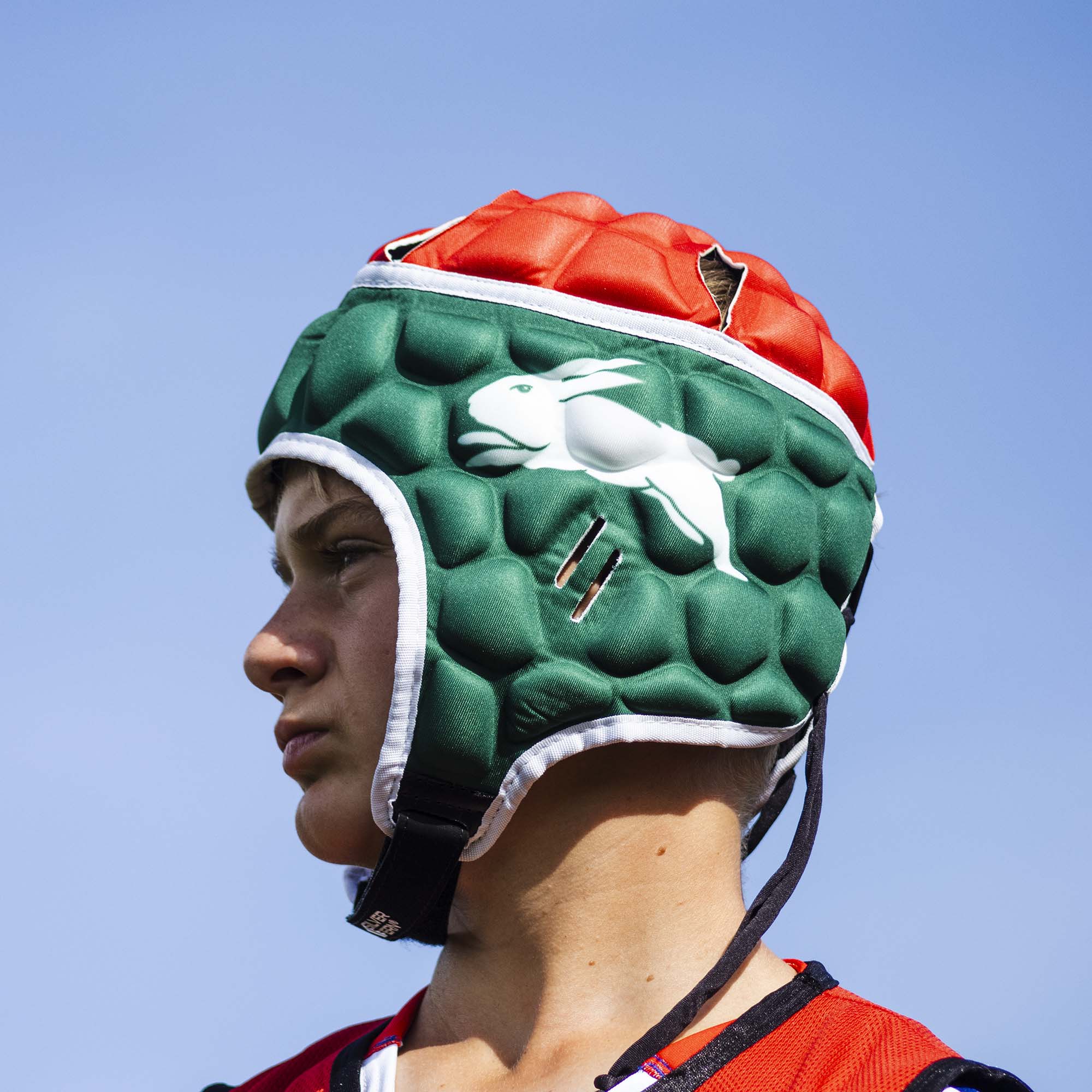 Official NRL Headgear, South Sydney Rabbitohs, lifestyle image, side.