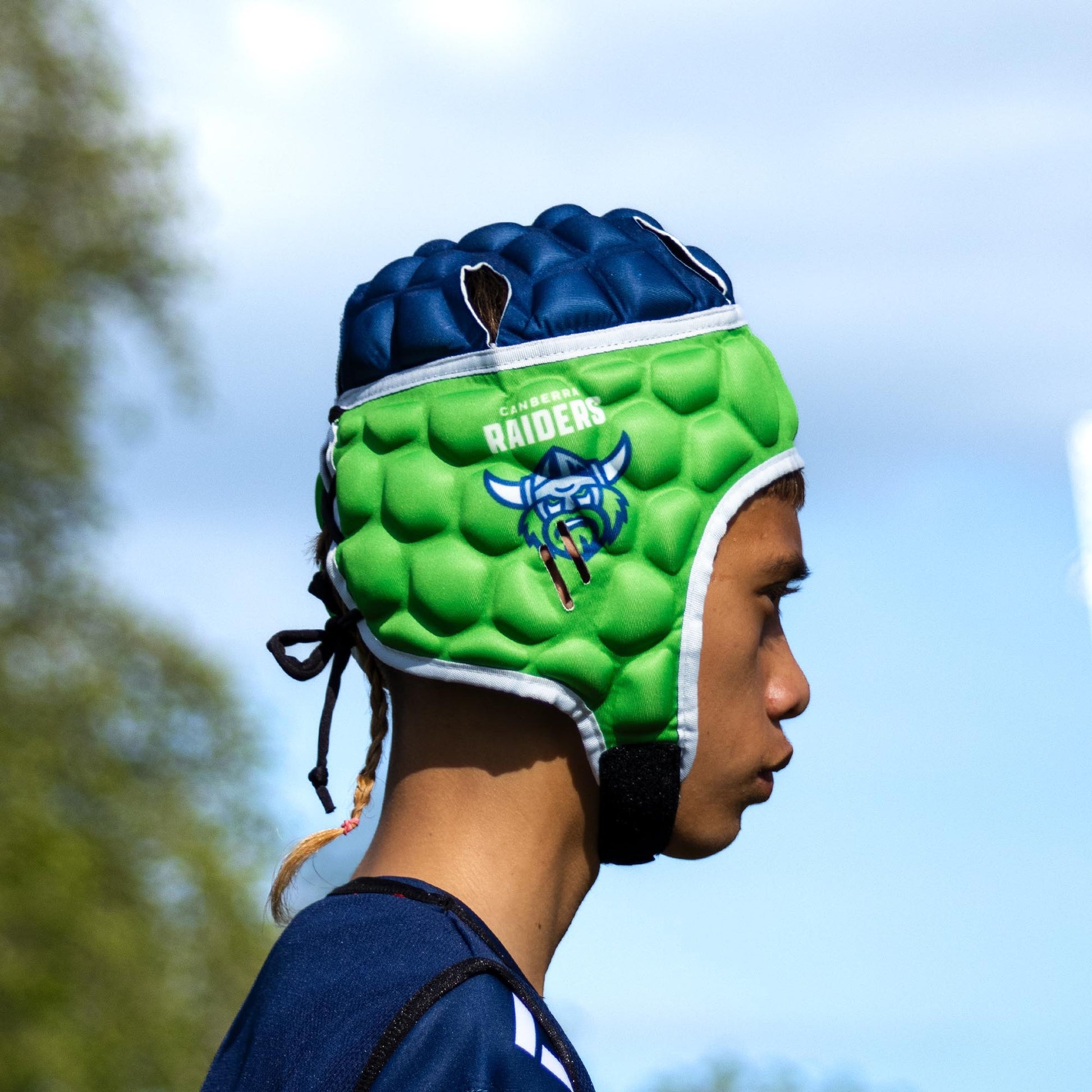 Official NRL Headgear, Canberra Raiders, lifestyle image, side.