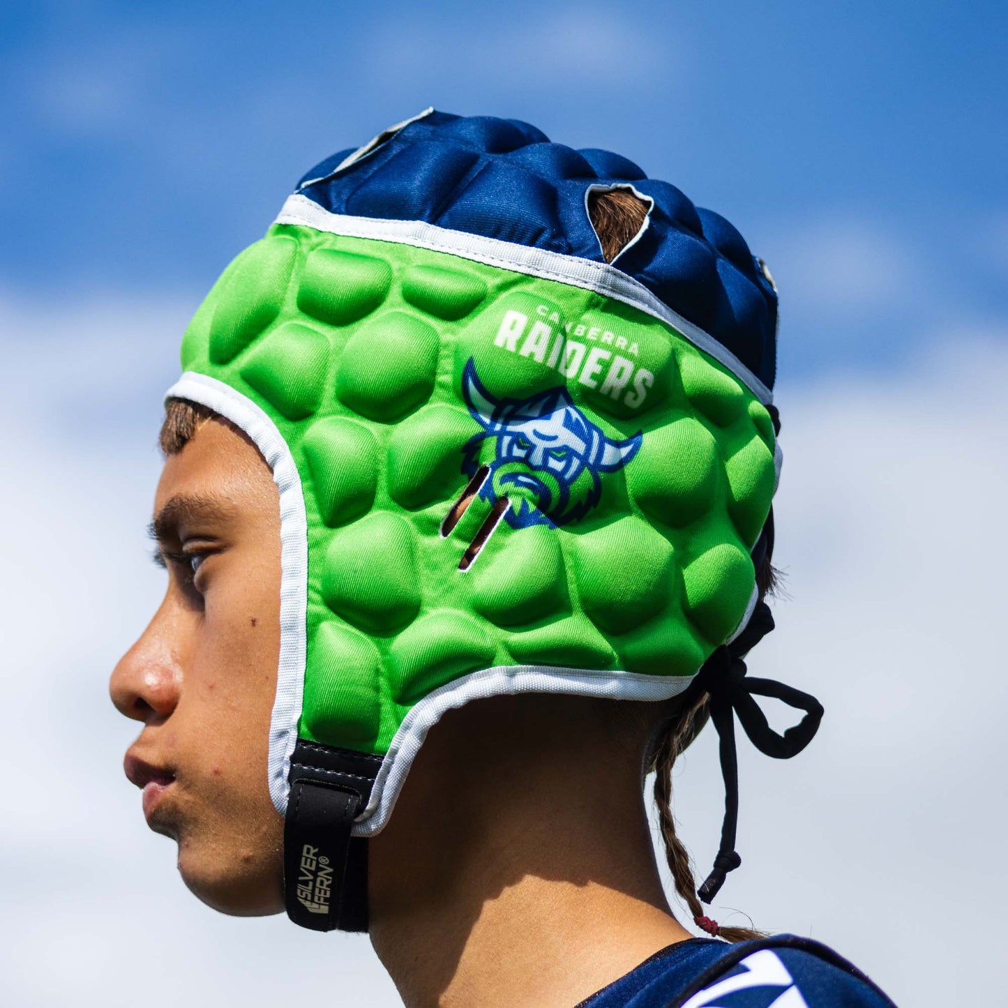 Official NRL Headgear, Canberra Raiders, lifestyle image, side.