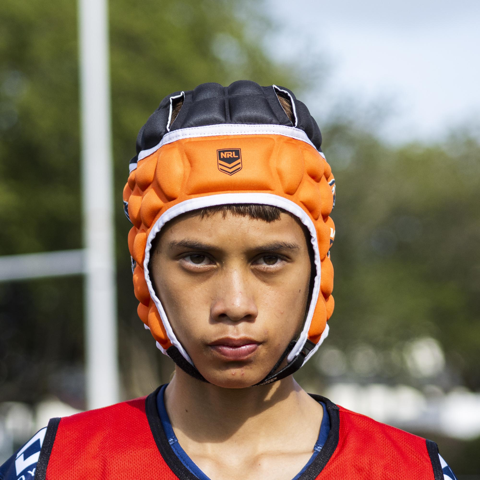 Official NRL Headgear, Wests Tigers, lifestyle image, front.