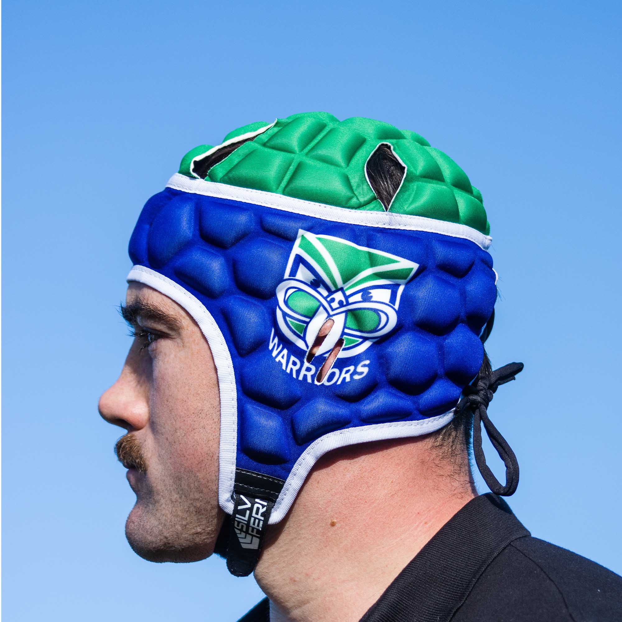 Official NRL Headgear, New Zealand Warriors, lifestyle image, side.