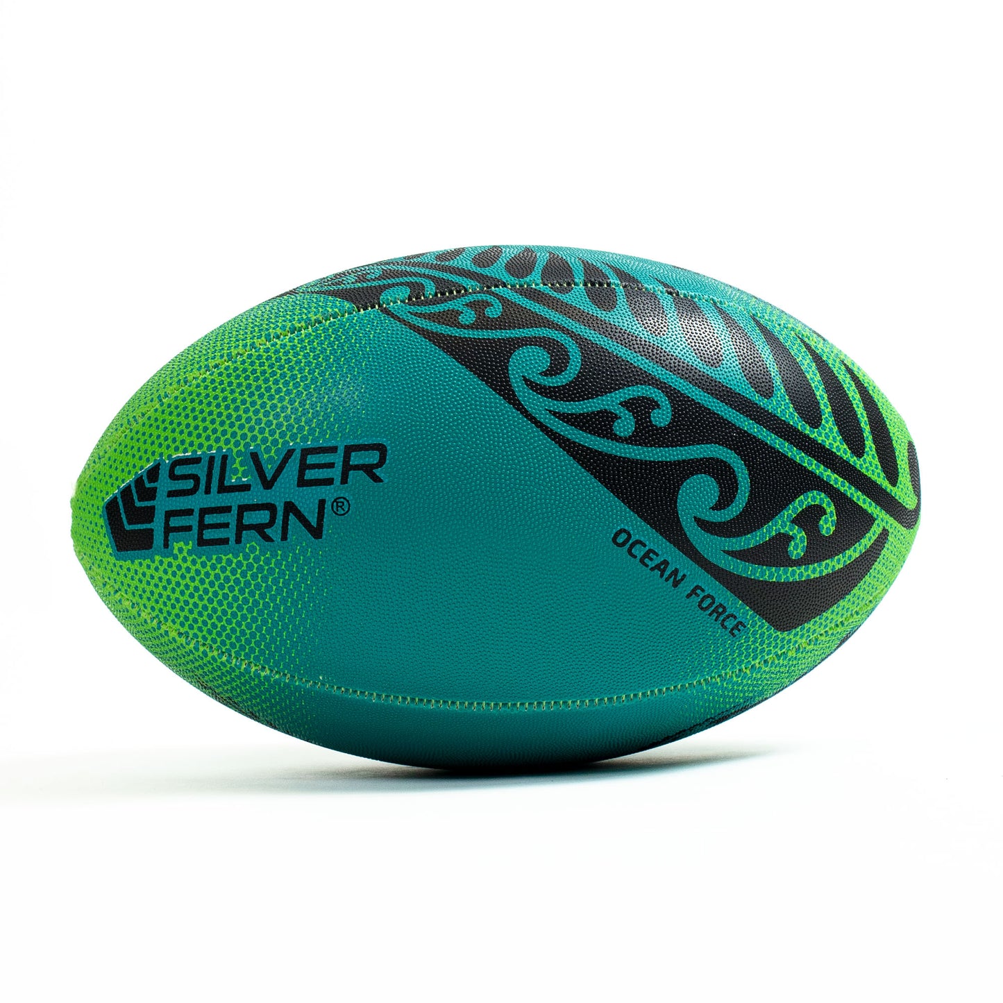 Green and blue rugby ball with 'Silver Fern' branding on a white background