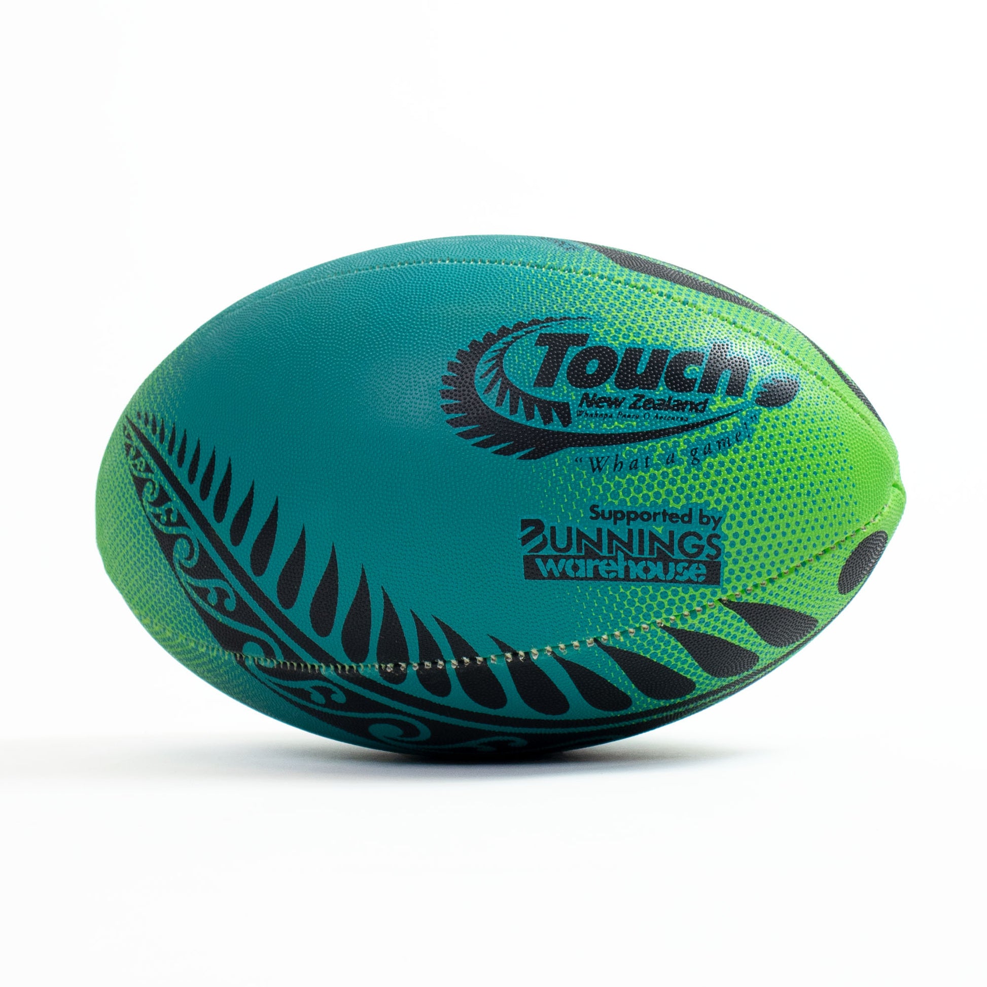 Green and teal rugby ball with 'Touch New Zealand' branding on a white background