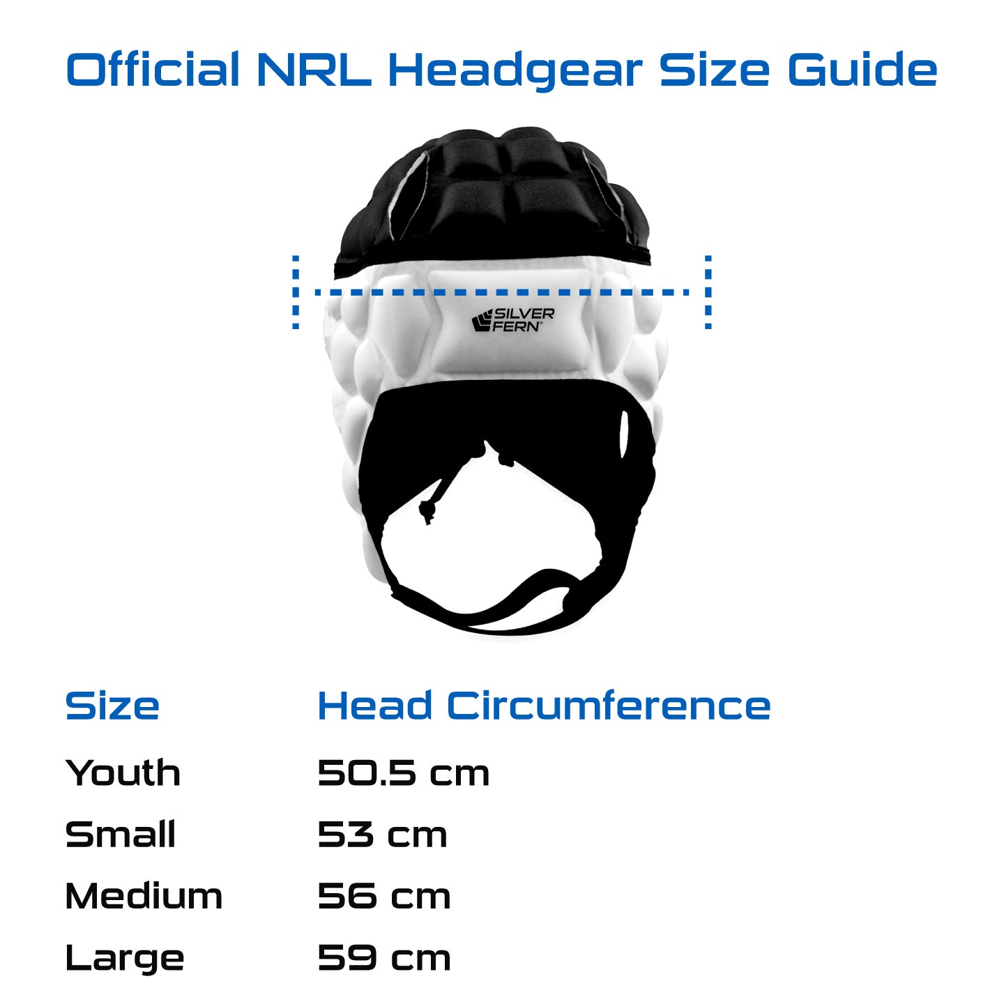 Official NRL Silver Fern Headgear, size guide