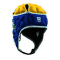 Blue and yellow rugby helmet with a visible NRL logo on a white background