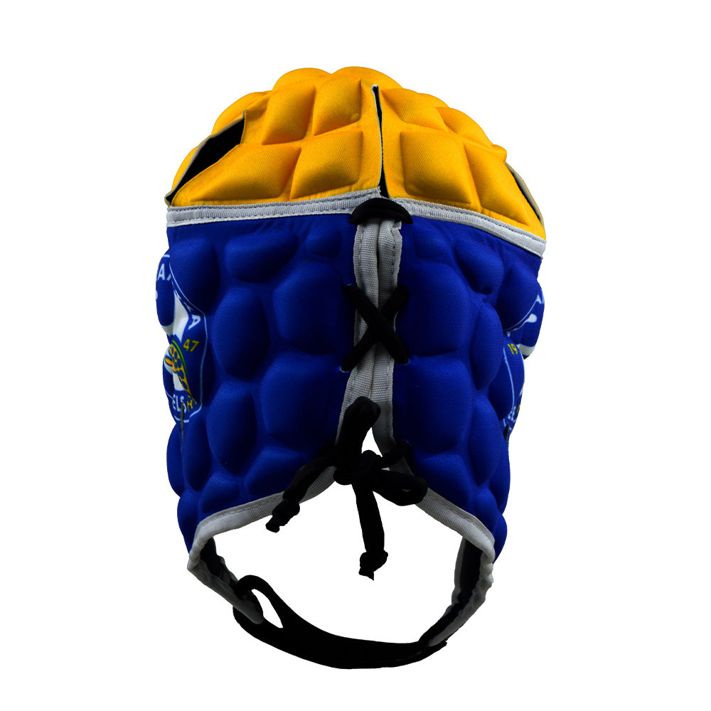 Blue and yellow helmet with a textured surface on a white background