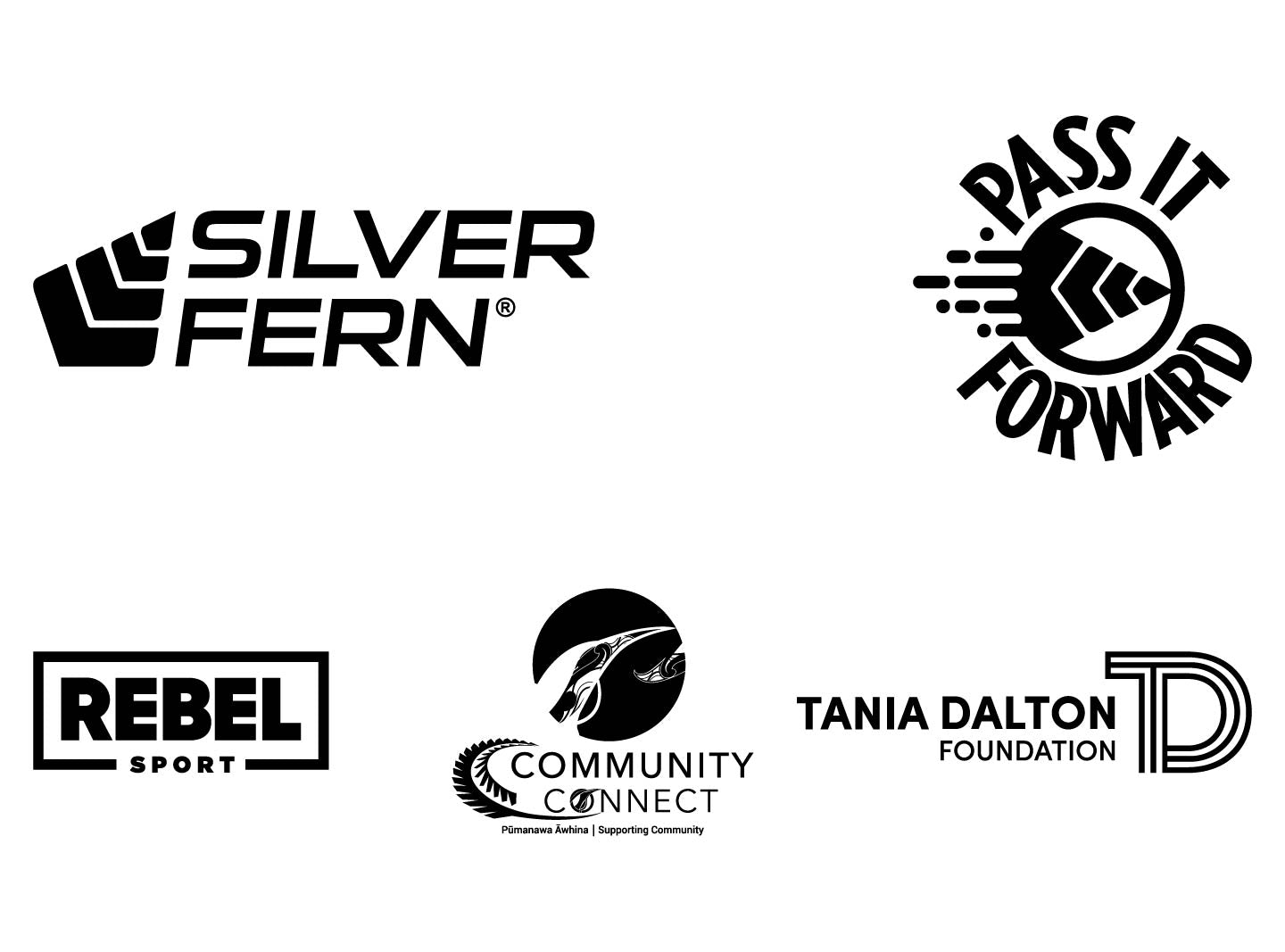 Pass it Forward partners logos, Silver Fern, Rebel Sport, Community Connect PA, Tania Dalton Foundation