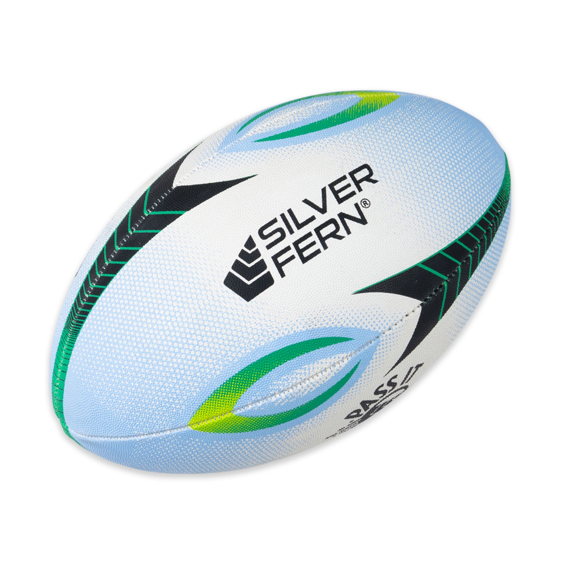 Pass It Forward Rugby Ball Size 4, White Background Image, Silver Fern Logo