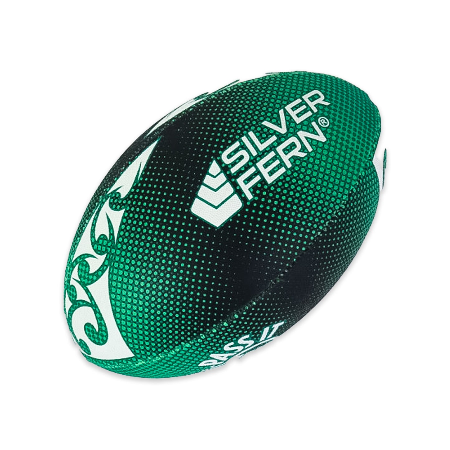 Pass It Forward Rugby League Ball Size 5, White Background Image, Silver Fern Logo