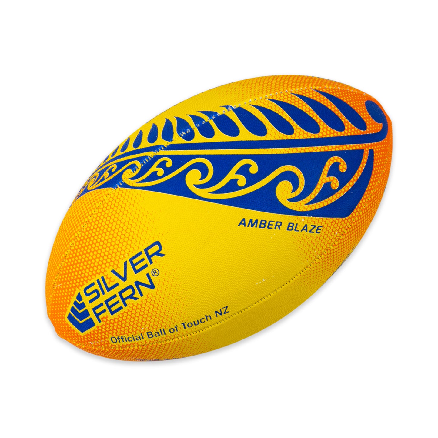 Pass It Forward Touch Rugby Ball Size 4 Amber Blaze, White Background Image, Silver Fern Logo