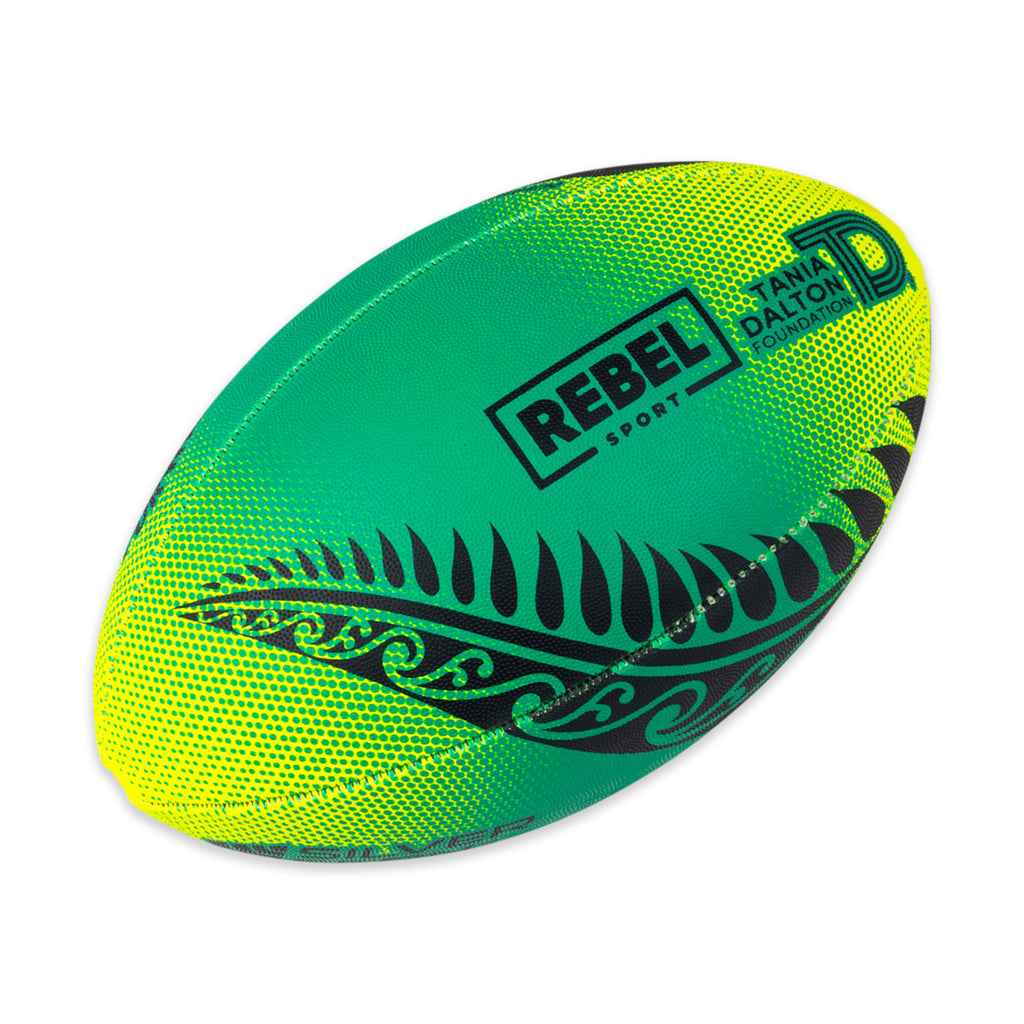 Pass It Forward Touch Rugby Ball Size 4  Meadow Green, White Background Image, Rebel Sport Logo