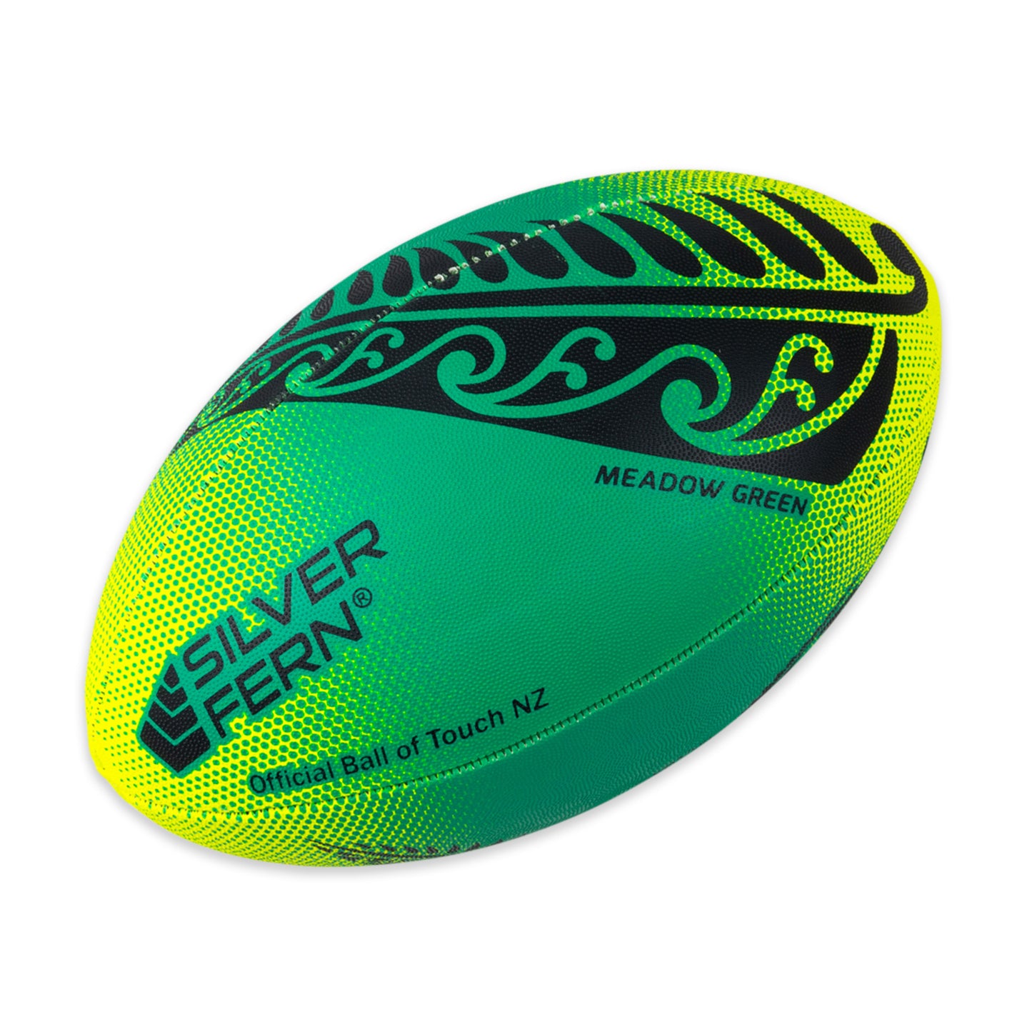 Pass It Forward Touch Rugby Ball Size 4 Meadow Green, White Background Image, Silver Fern Logo