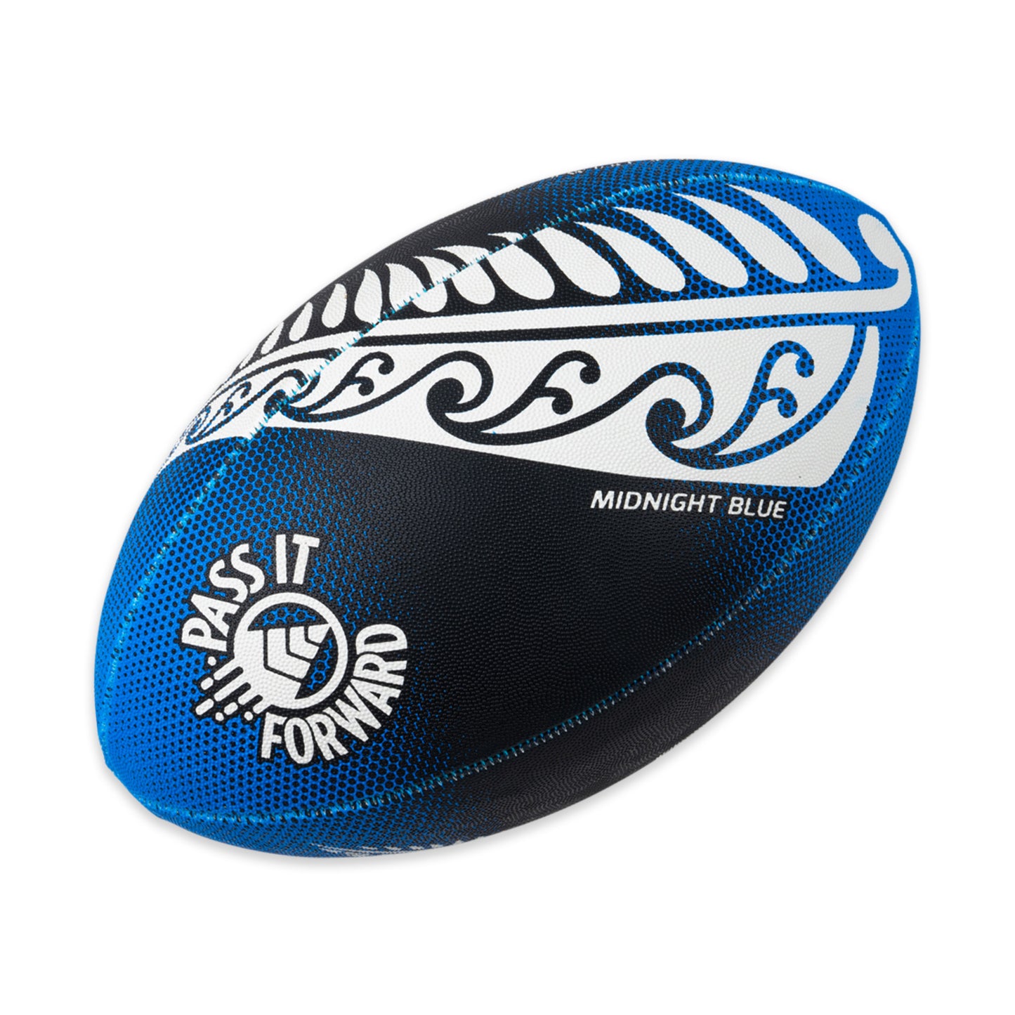 Pass It Forward Touch Rugby Ball Size 4 Midnight Blue, White Background Image, PIF Logo