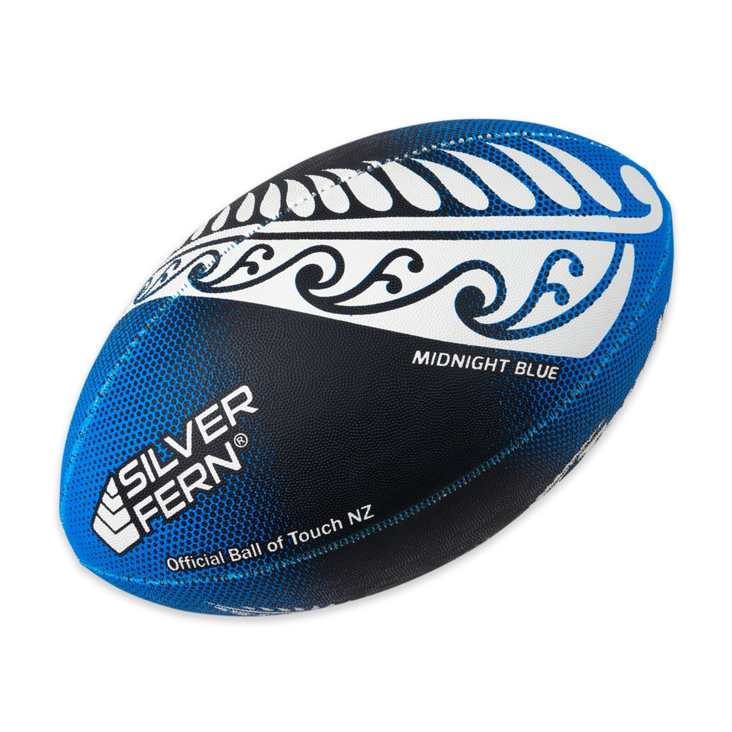 Pass It Forward Touch Rugby Ball Size 4 Midnight Blue, White Background Image, Silver Fern Logo