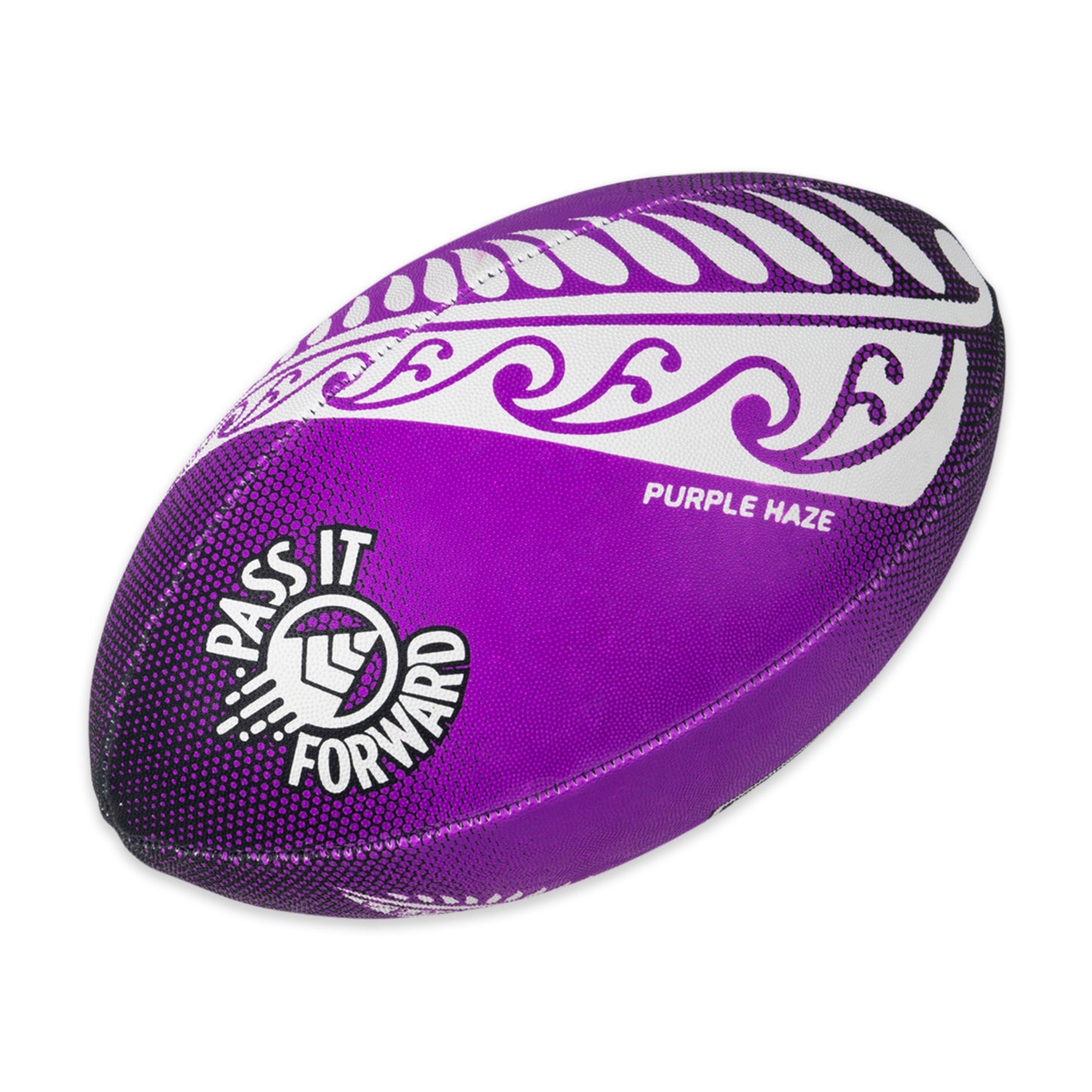 Pass It Forward Touch Rugby Ball Size 4 Purple Haze, White Background Image, PIF Logo