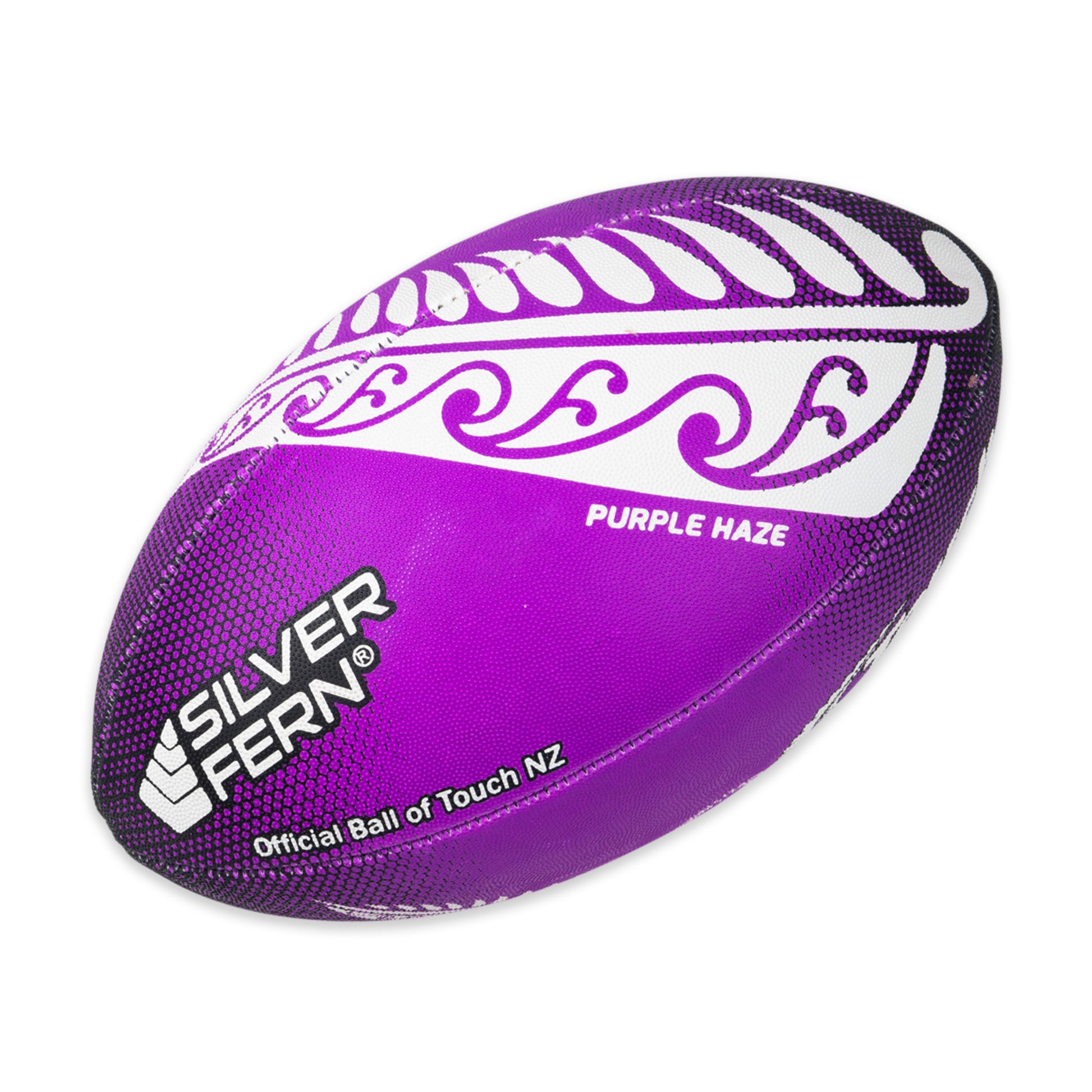 Pass It Forward Touch Rugby Ball Size 4 Purple Haze, White Background Image, Silver Fern Logo