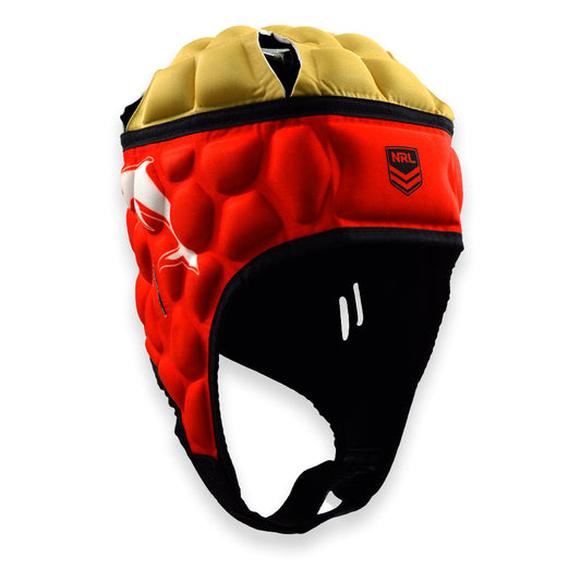 Red, yellow, and black protective headgear on a white background