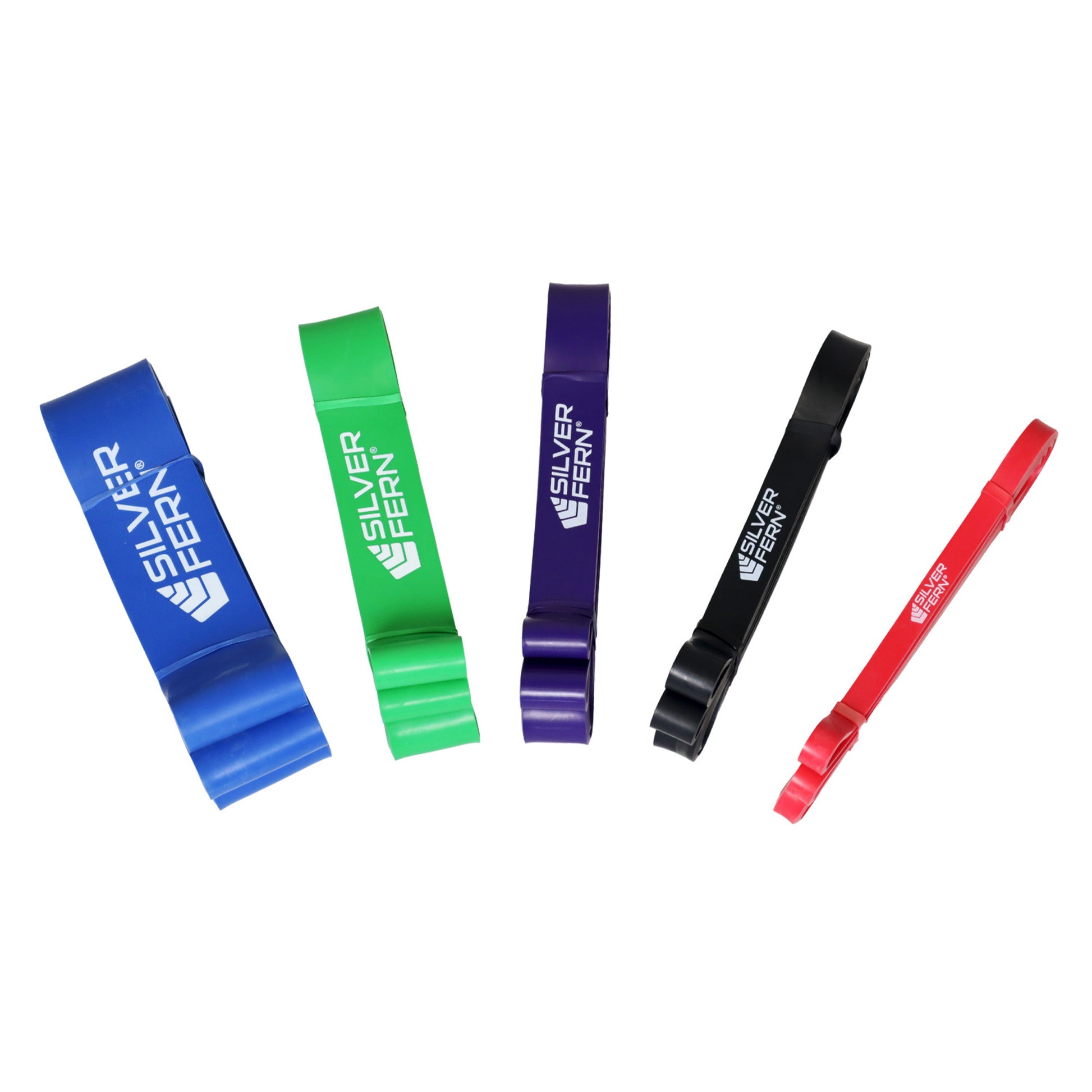 All Silver Fern Resistance Bands Heavy side by side. Blue, Green, Purple, Black and Red. White background. Angle 2.