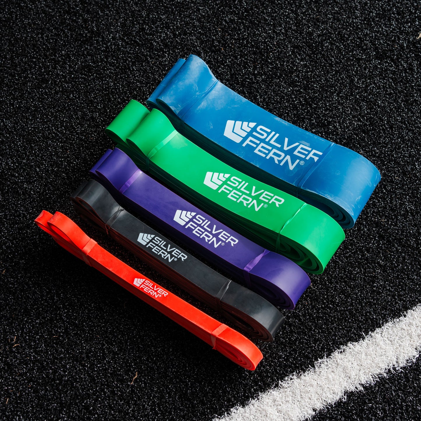 All Silver Fern Resistance Bands Heavy side by side. Blue, Green, Purple, Black and Red.