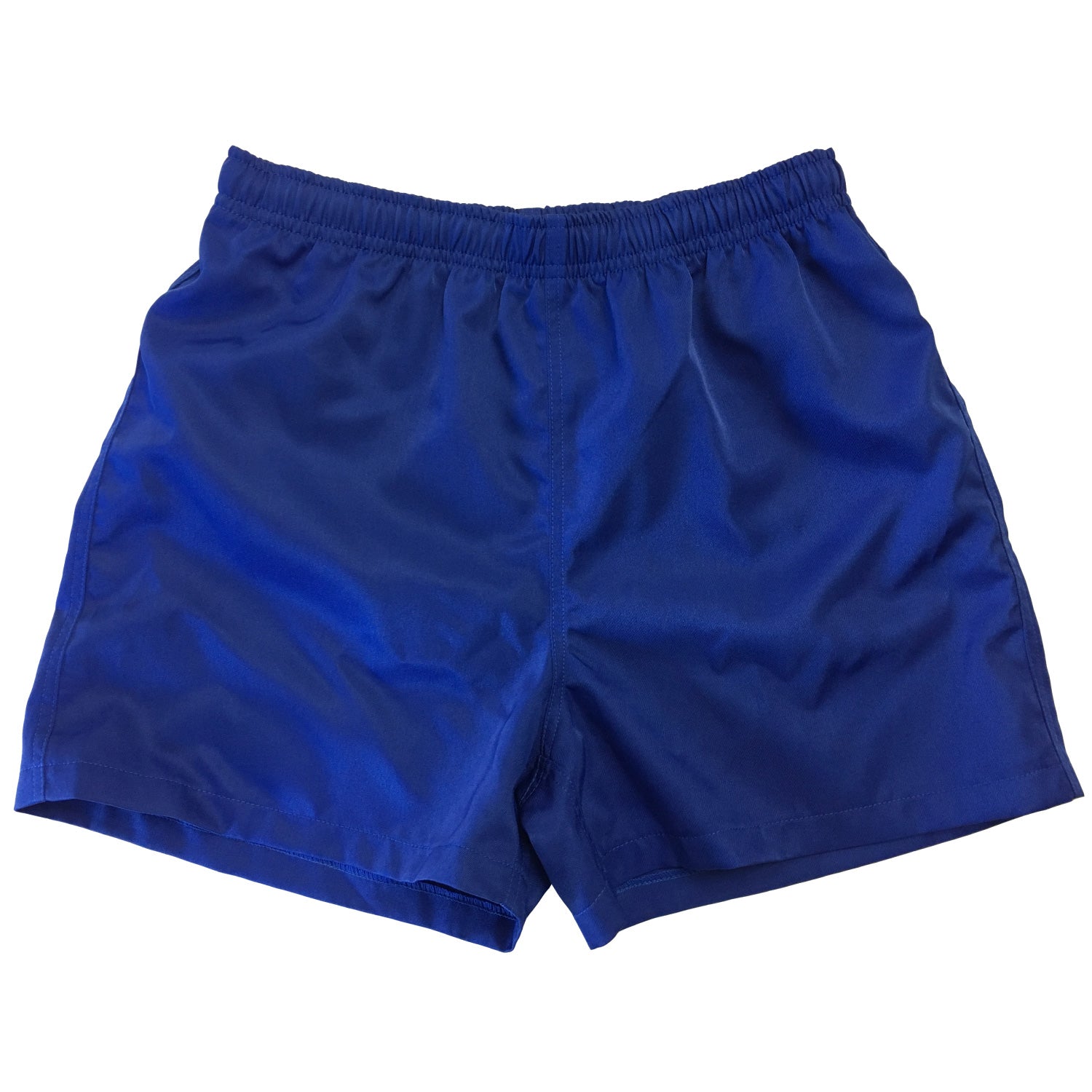 Silver Fern Royal Blue Rugby Shorts. Laying Flat. White Background.