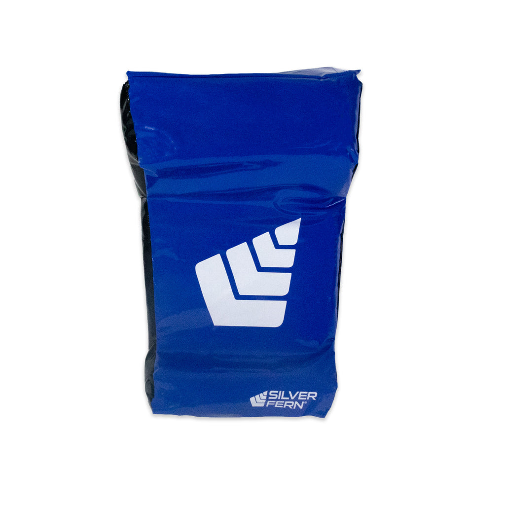 Junior Rugby Hit Shield / Crash Pad, Double Wedged, Blue/White colourway, white background image.