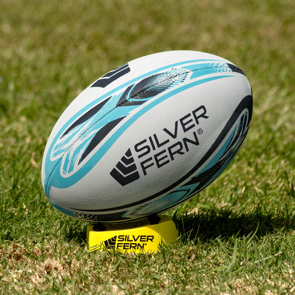 Silver Fern League Club Trainer Size 5, Lifestyle shot, sitting on a kicking tee

