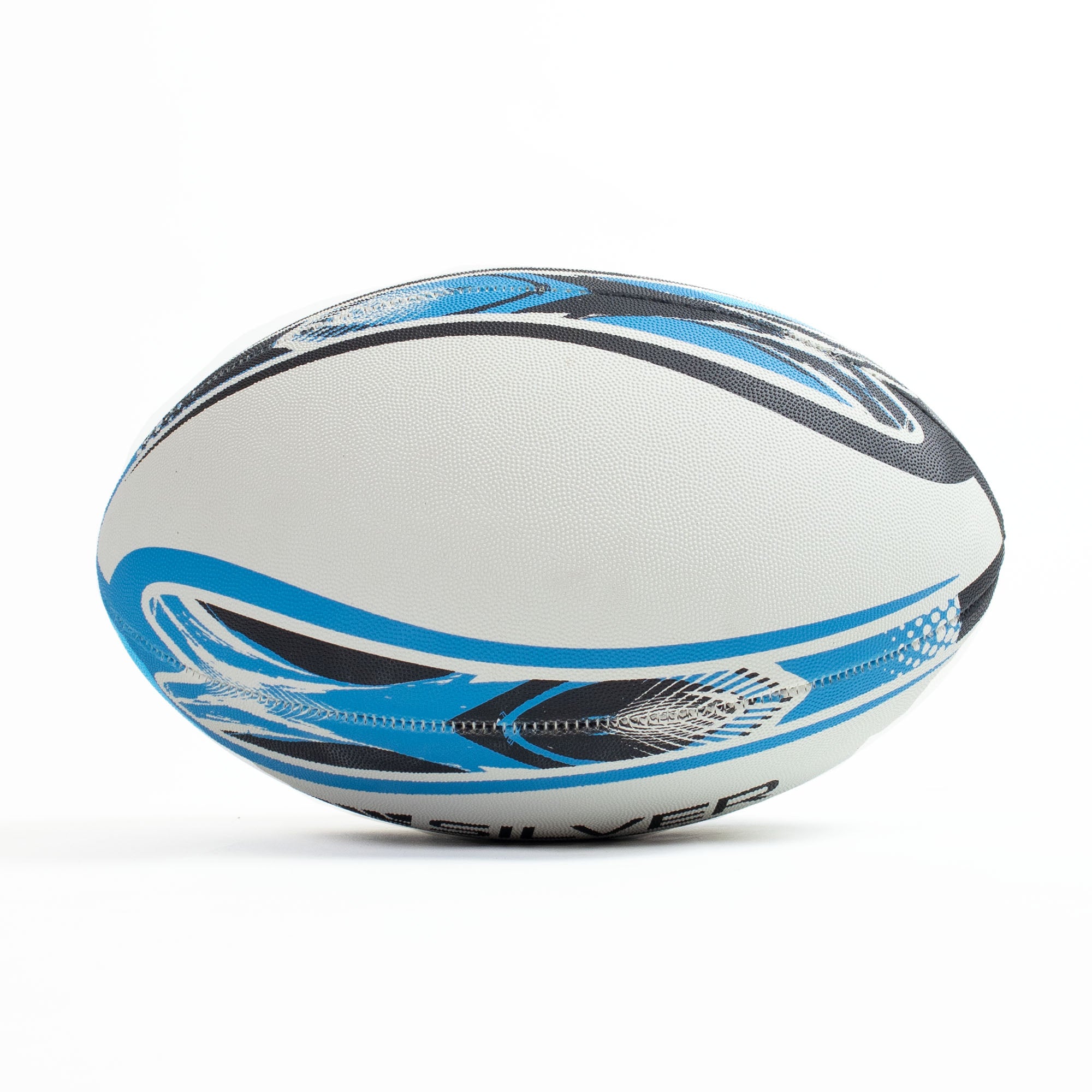 White rugby ball with blue and black patterns on a white background