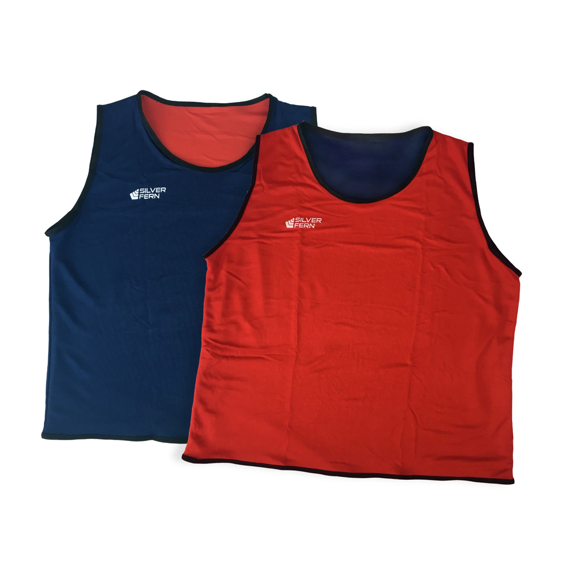 Silver Fern Reversible Rugby Tackle Bib Singlet. Red/Blue Colourway. White Background