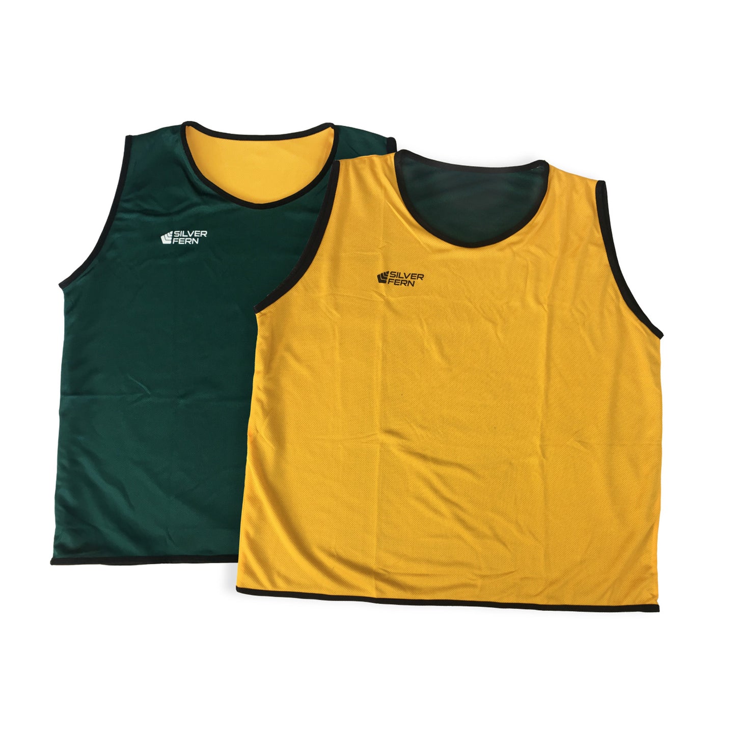 Silver Fern Reversible Rugby Tackle Bib Singlet. Yellow/Green Colourway. White Background