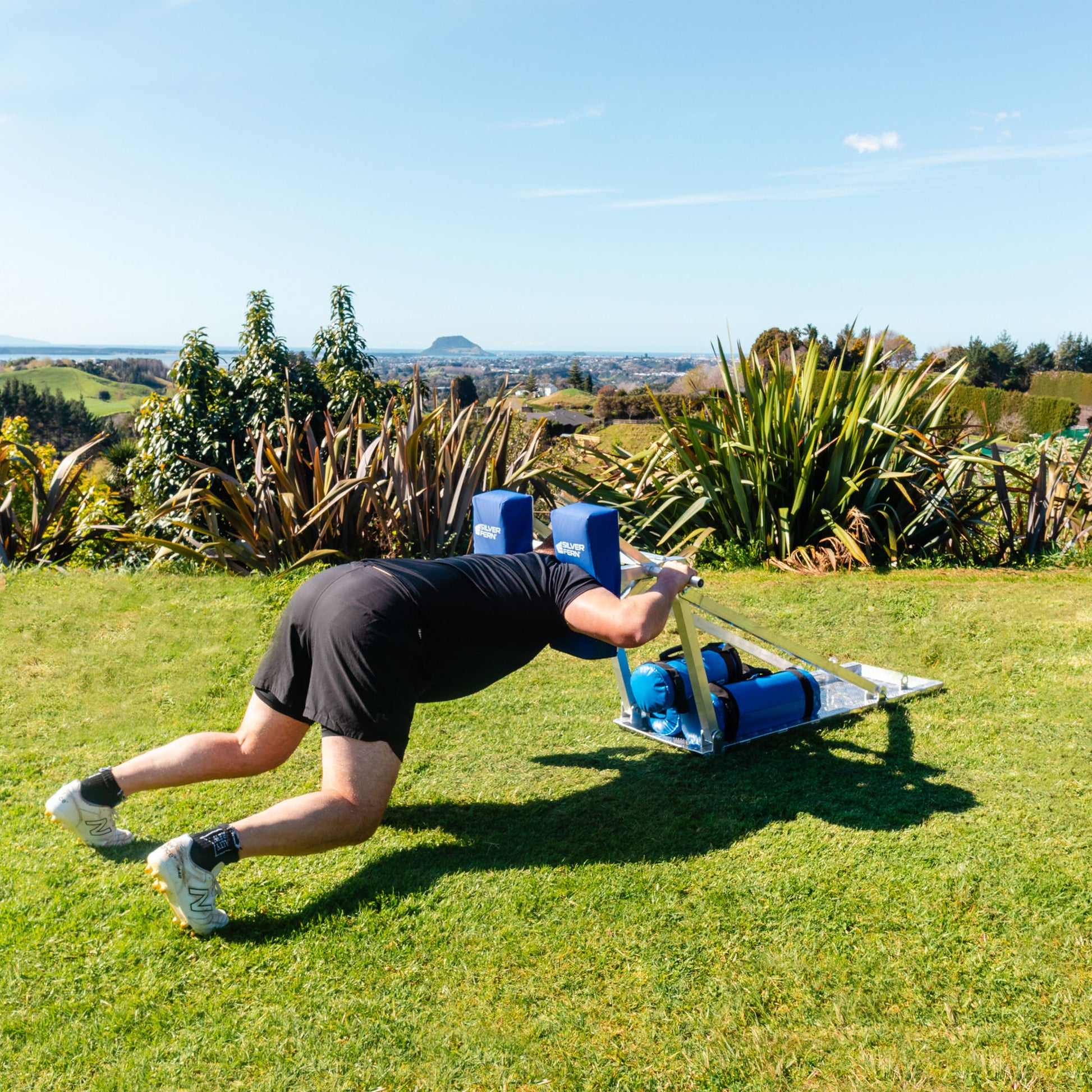 Silver Fern Rugby Singleman Scrum Sled, Action shot, being used.