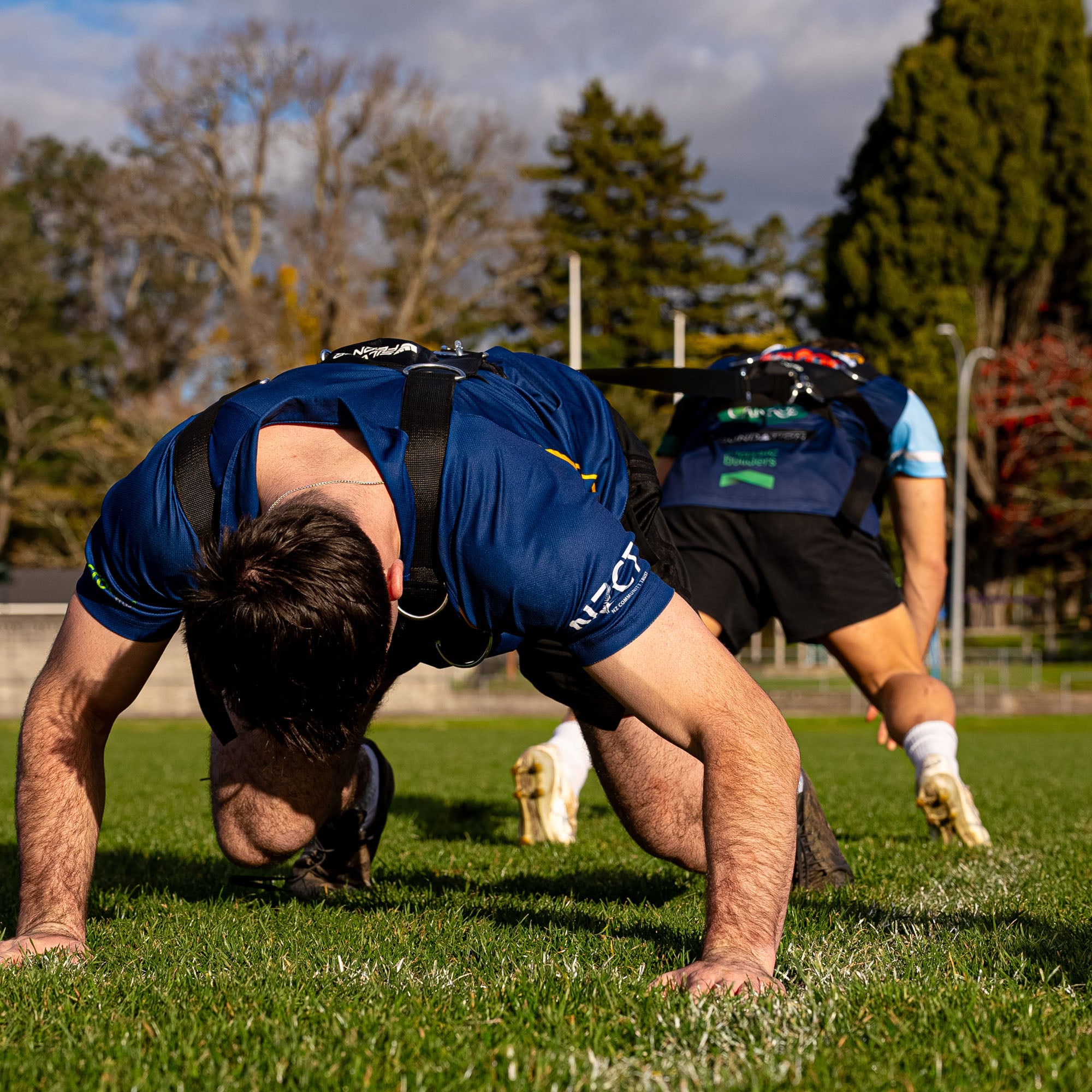 Silver Fern Scrum Ruck Resistance Harness Set Pair, Action shot, resistance training with harness