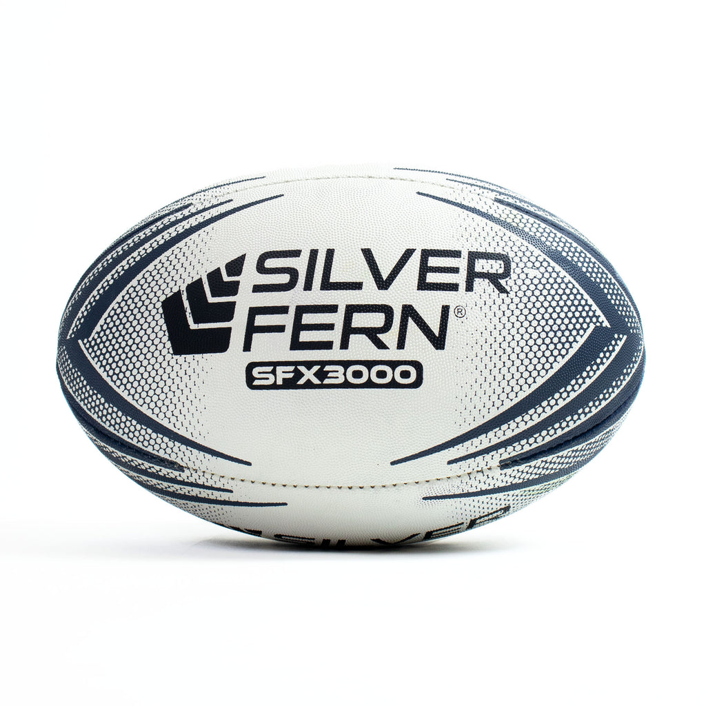 White rugby ball with blue patterns and 'Silver Fern' branding on a white background