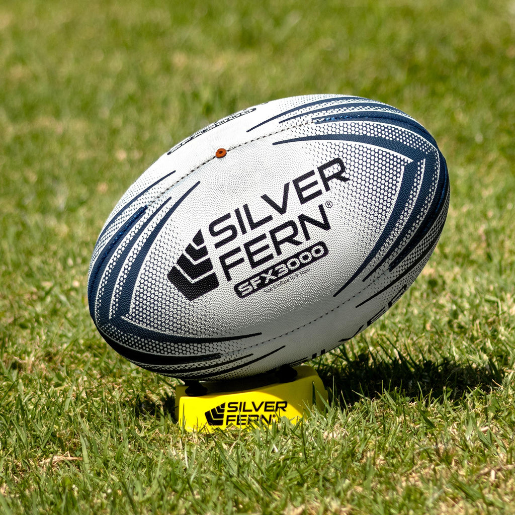 Silver Fern SFX Match Ball Size 5, Lifestyle shot, sitting on a kicking tee