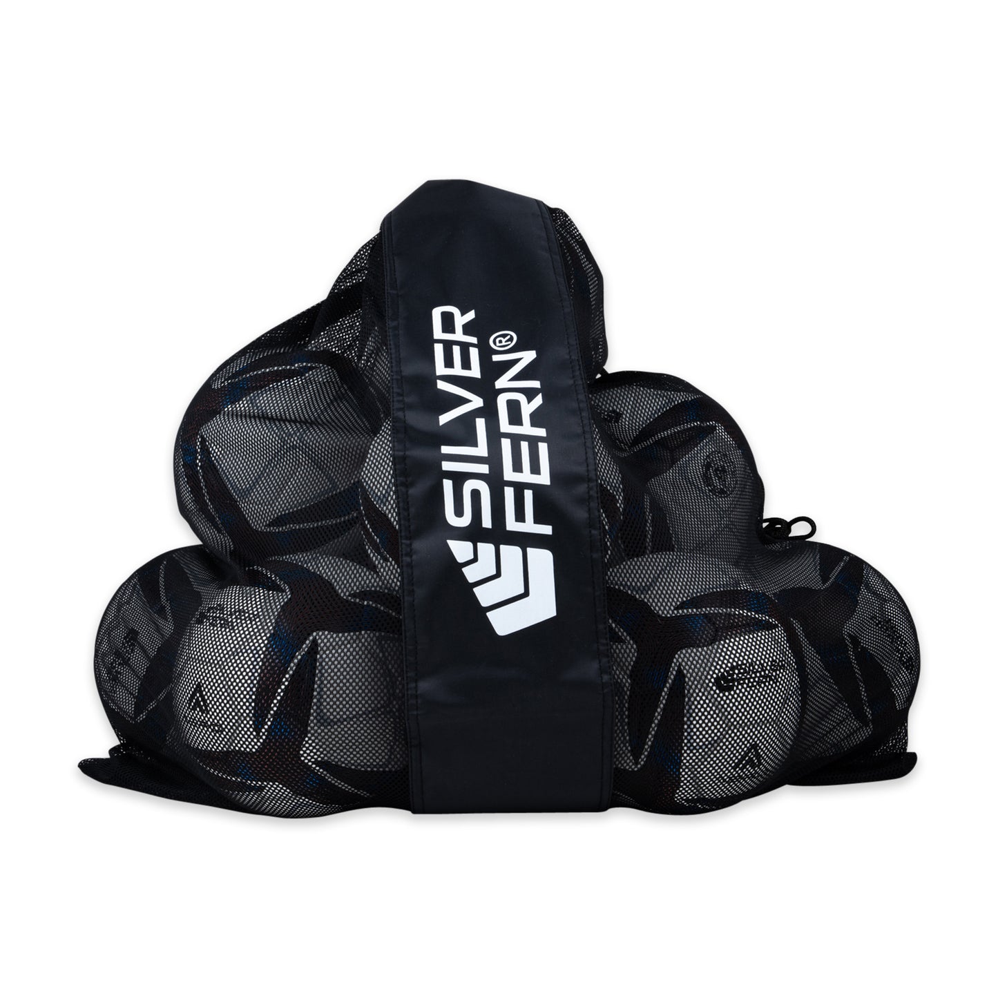 A mesh bag filled with size 4 Aero soccer match balls, featuring the Silver Fern logo on the strap. 10 Ball Pack.