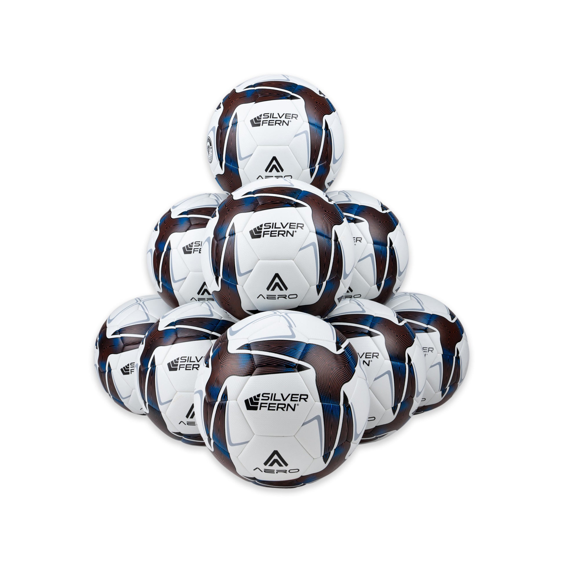 10-Ball Pack of Aero size 4 soccer match balls, featuring the Silver Fern logo and brown, blue, and white color patterns.