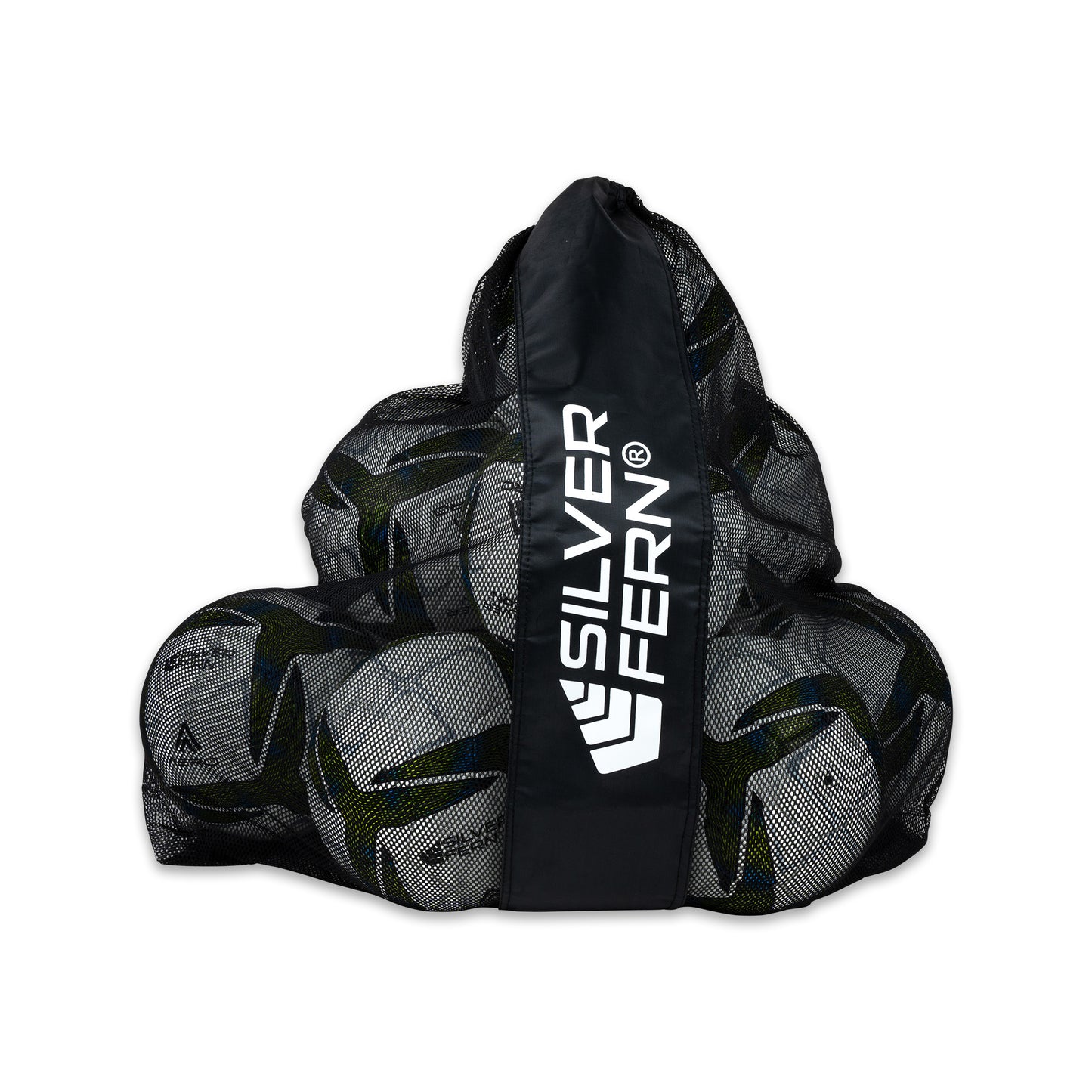 A mesh bag filled with Aero size 5 soccer match balls, featuring the Silver Fern logo on the strap. 10 Ball Pack.