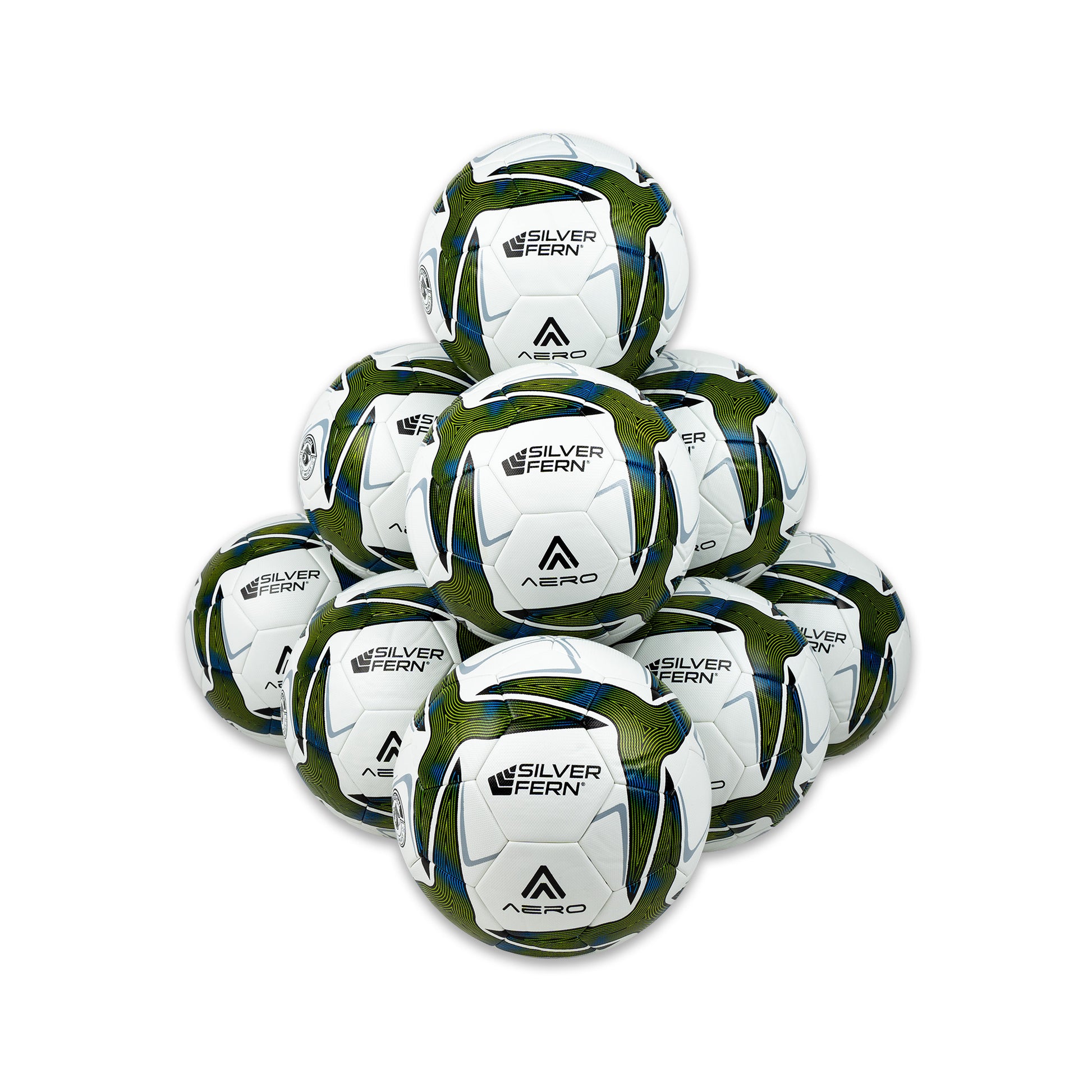 10-Ball Pack Aero size 5 soccer match balls, featuring the Silver Fern logo and green, blue, and white color patterns.