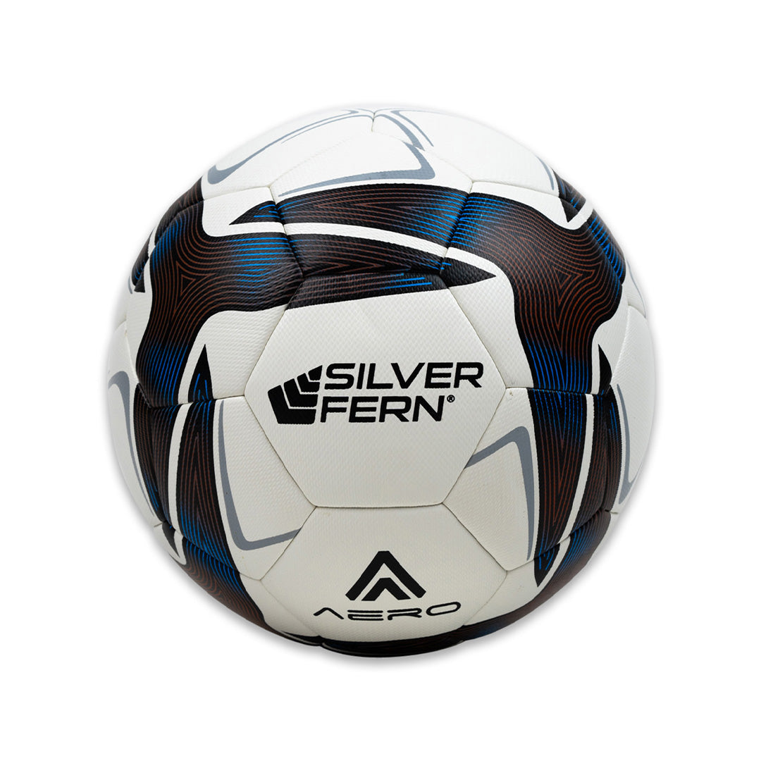 Close-up of an Aero size 4 soccer match ball, featuring the Silver Fern logo and brown, blue, and white color patterns.