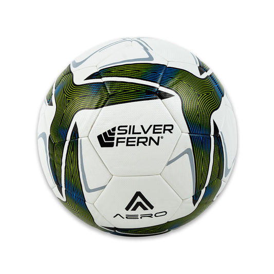 Close-up of an Aero size 5 soccer match ball, featuring the Silver Fern logo and green, blue, and white color patterns.