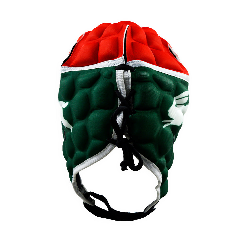 Rugby helmet with red, green, and white colors on a white background