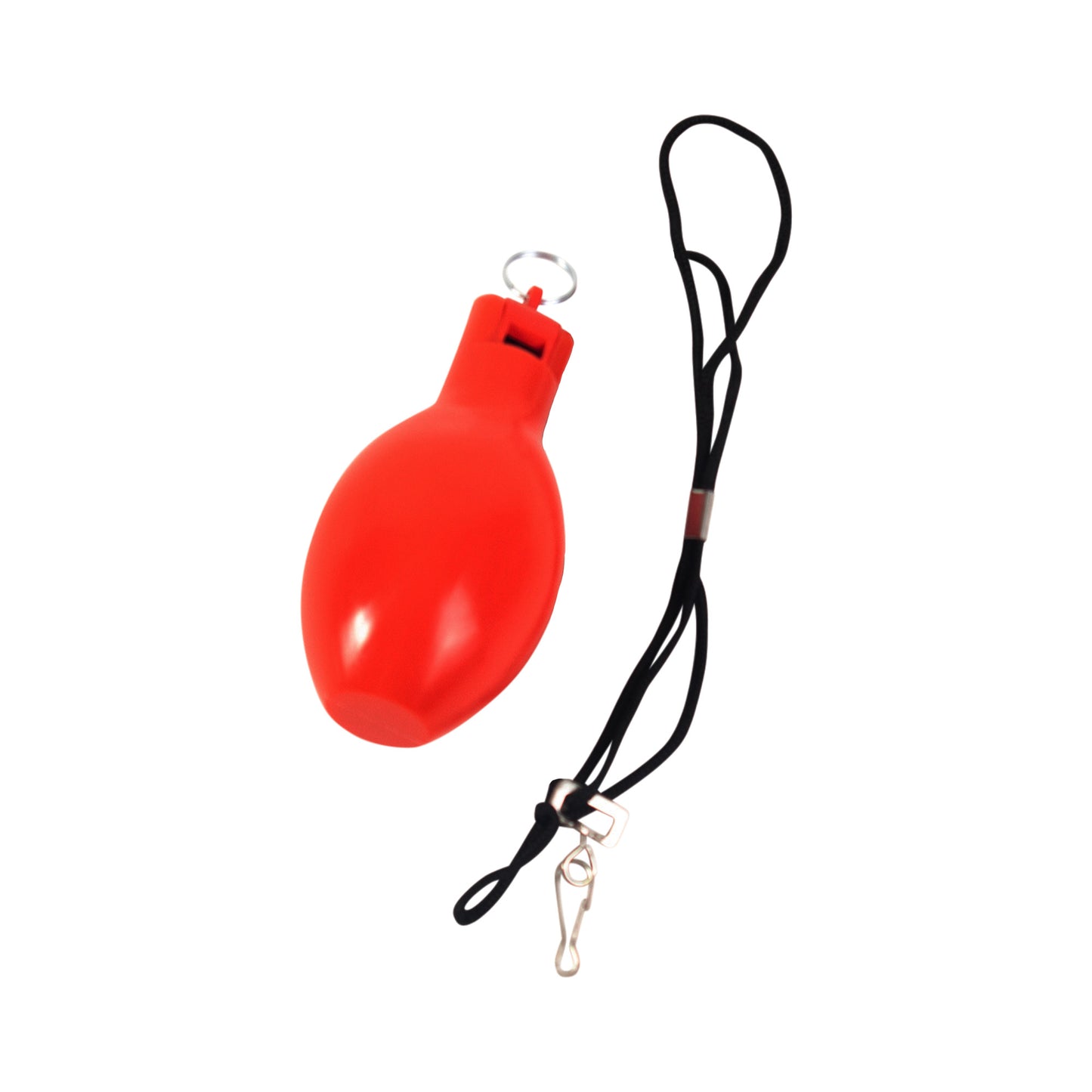 red squeeze whistle with lanyard on white background