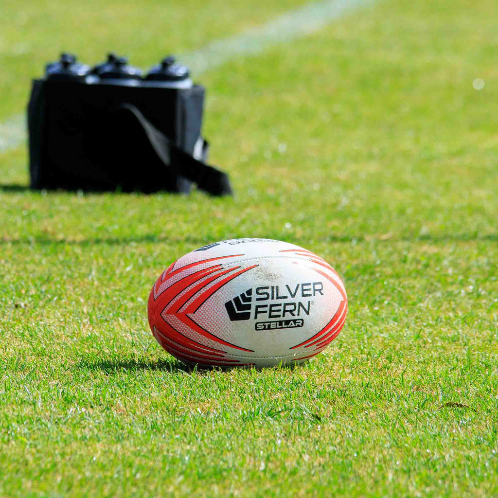 Silver Fern Rugby Premium Trainer Stellar Ball, Red, Size 5, front, lifestyle.
