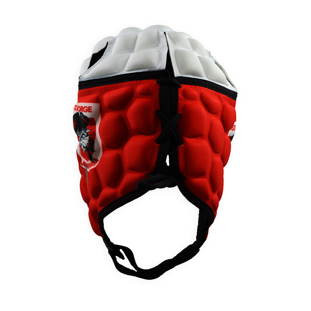 Red and white protective headgear with a brand logo on a white background