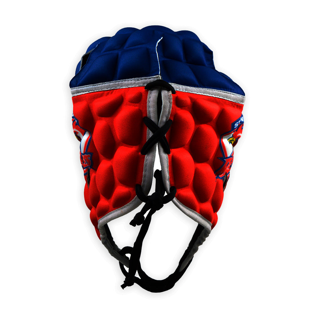 Red and blue protective headgear with honeycomb pattern on a white background