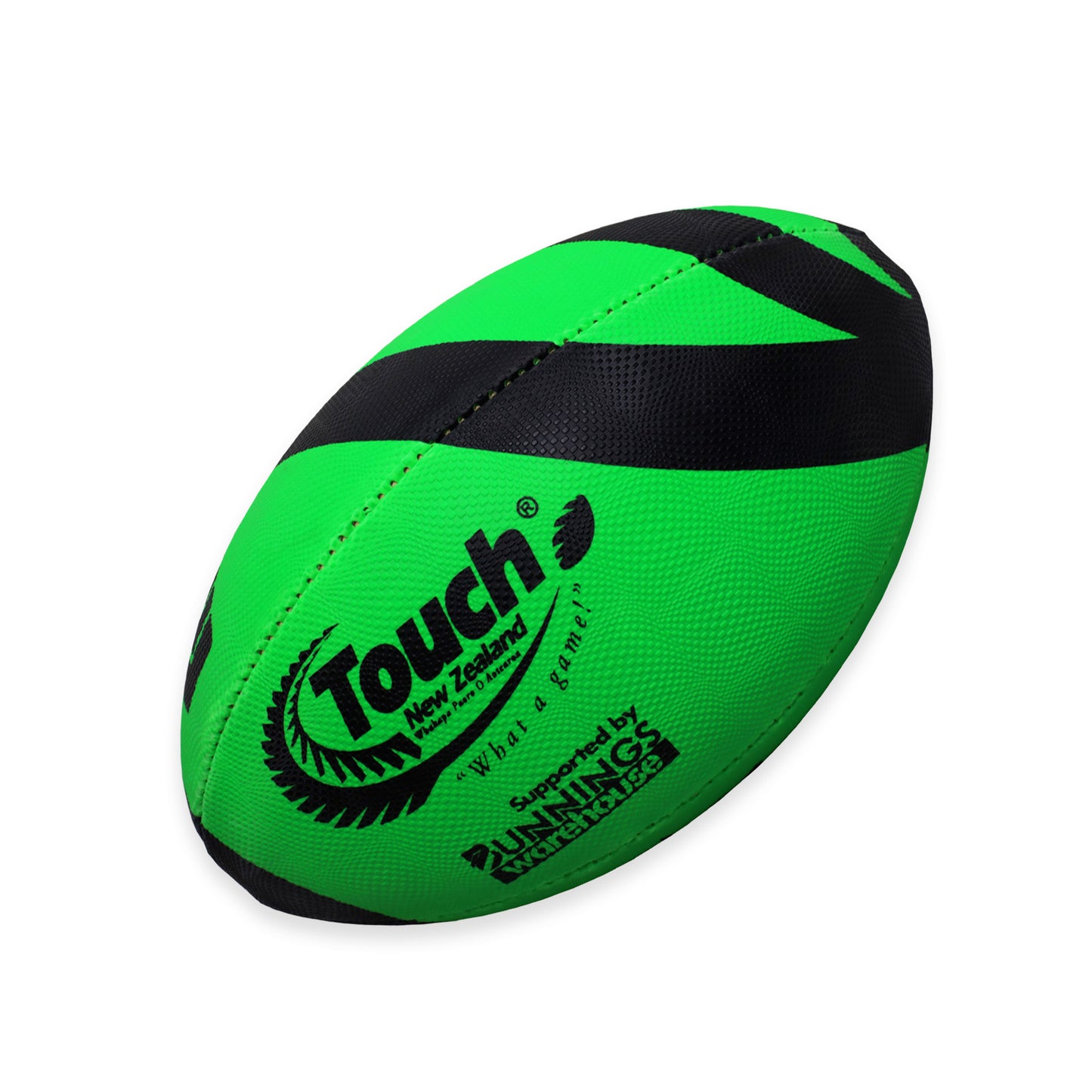 Green Turbo Touch Rugby Ball, hite background image. 